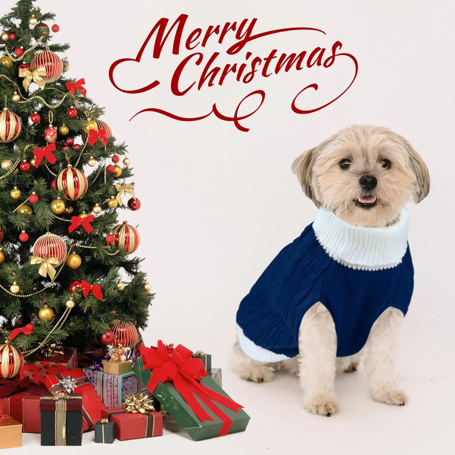 Dog Christmas Sweater Knitted Turtleneck Dog Sweater Warm Christmas Outfit Clothes for Small Medium Large Dogs Pets (Navy, Large)