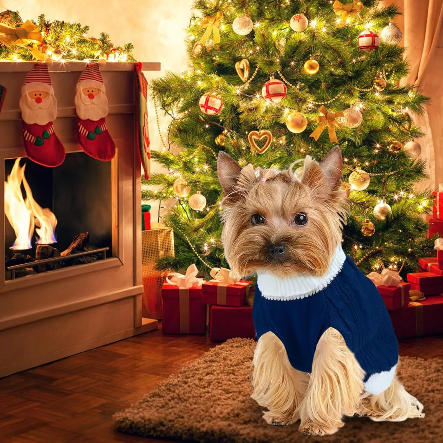 Dog Christmas Sweater Knitted Turtleneck Dog Sweater Warm Christmas Outfit Clothes for Small Medium Large Dogs Pets (Navy, Large)