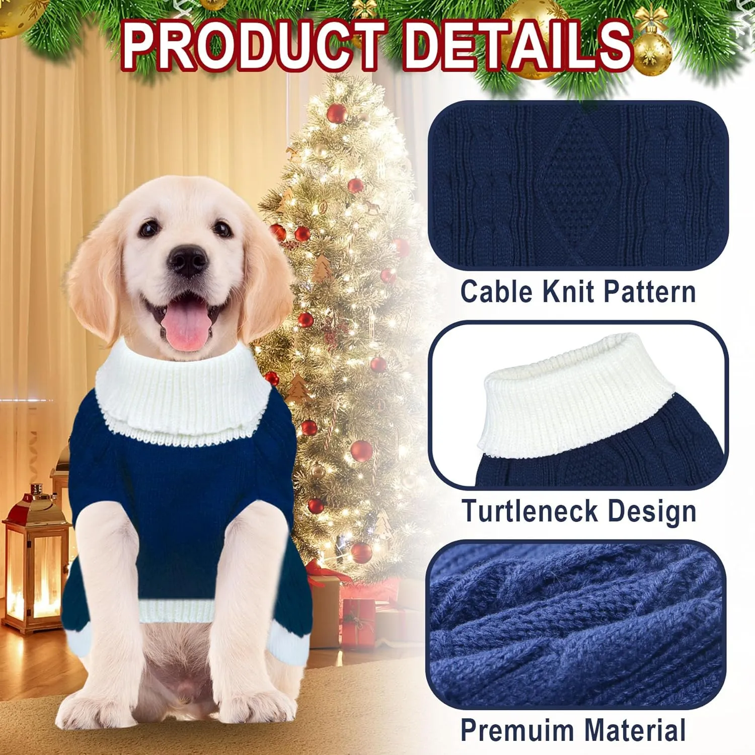Dog Christmas Sweater Knitted Turtleneck Dog Sweater Warm Christmas Outfit Clothes for Small Medium Large Dogs Pets (Navy, Large)