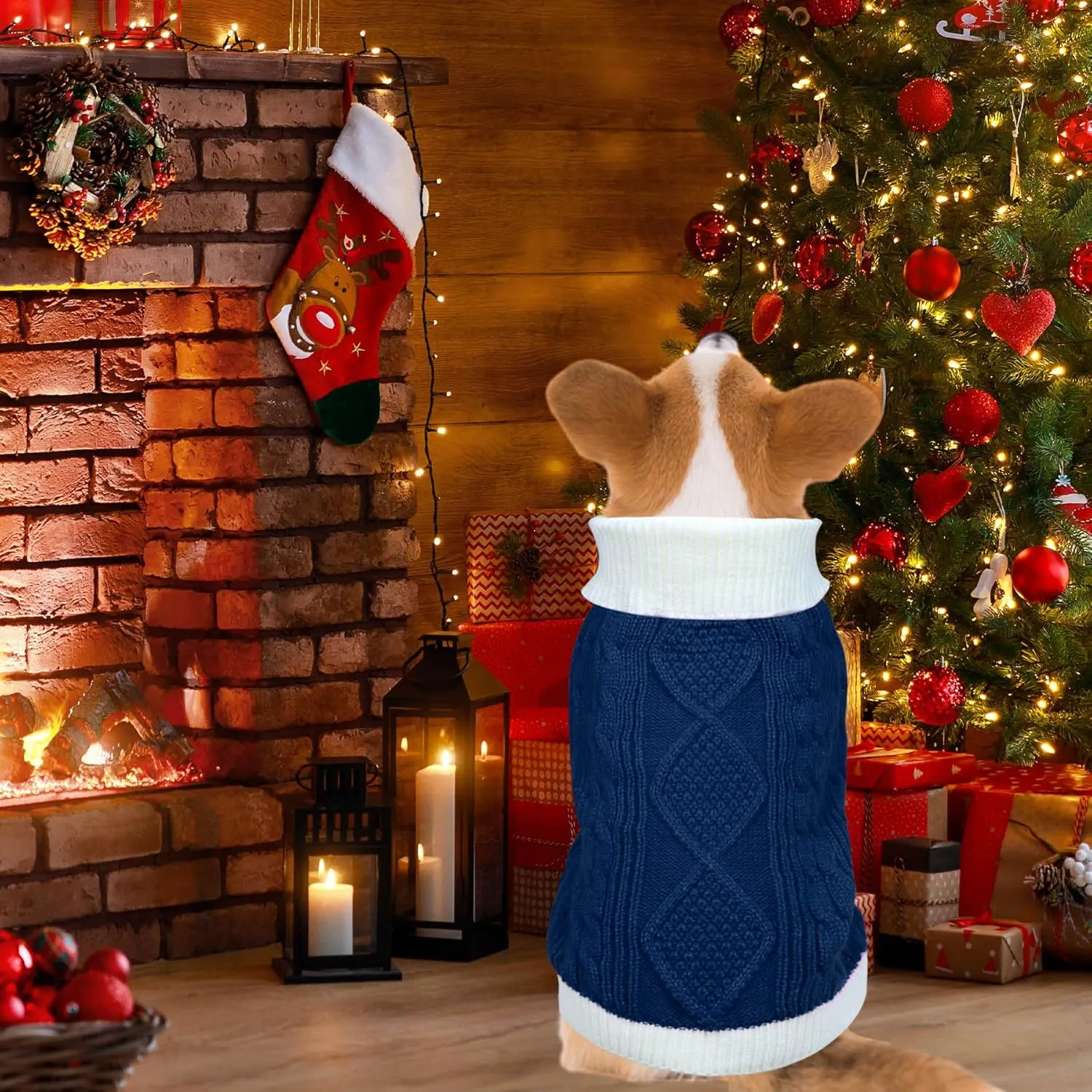 Dog Christmas Sweater Knitted Turtleneck Dog Sweater Warm Christmas Outfit Clothes for Small Medium Large Dogs Pets (Navy, Large)