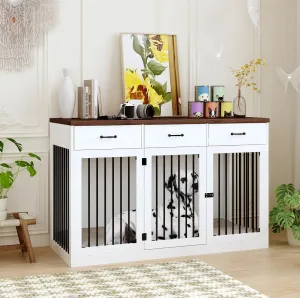 Extra Large Dog Crate Furniture with 3 Drawers, 55.3" Indoor Heavy Duty Dog Kennel House, Furniture Style Dog Crate Side End Table TV Stand for XL Large Medium Breed Dogs, White