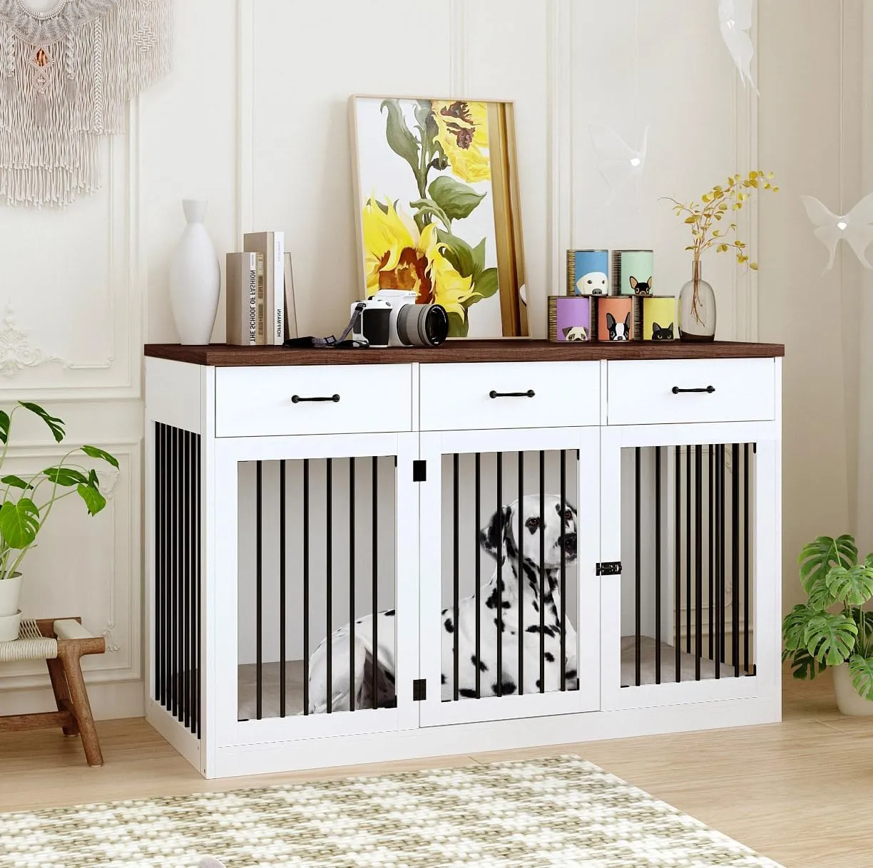 Extra Large Dog Crate Furniture with 3 Drawers, 55.3" Indoor Heavy Duty Dog Kennel House, Furniture Style Dog Crate Side End Table TV Stand for XL Large Medium Breed Dogs, White