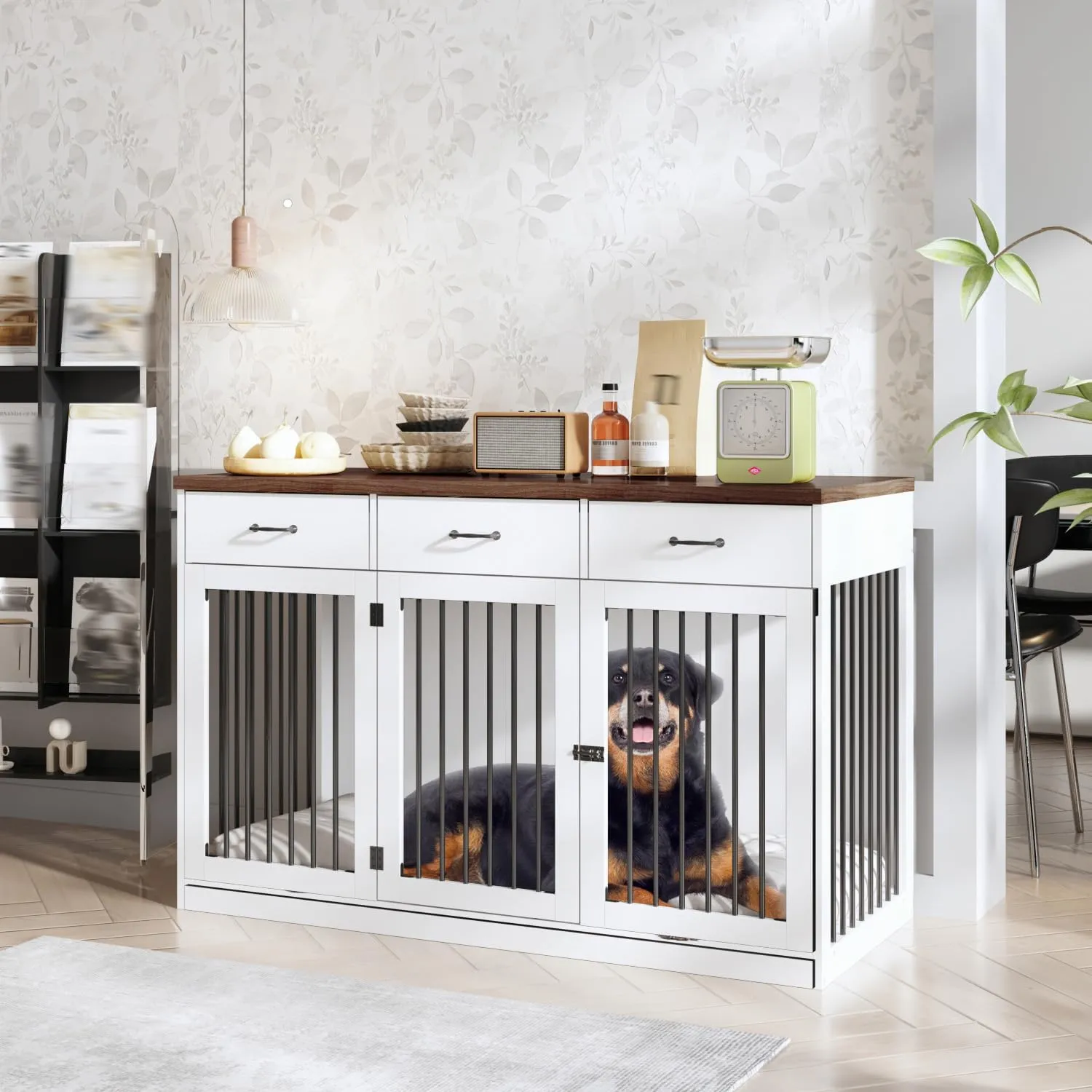 Extra Large Dog Crate Furniture with 3 Drawers, 55.3" Indoor Heavy Duty Dog Kennel House, Furniture Style Dog Crate Side End Table TV Stand for XL Large Medium Breed Dogs, White