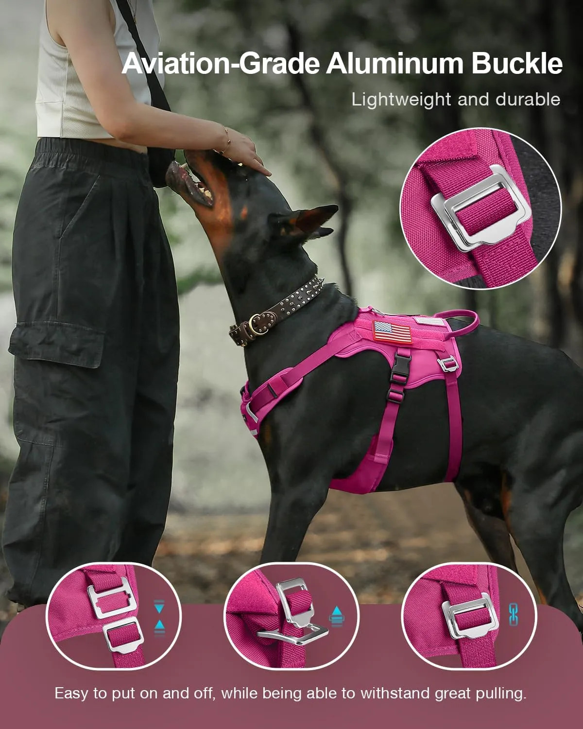 FAYOGOO Tactical Dog Harness for Large Dogs - Dog Harness Escape Proof with Handle - No Pull Military Service Dog Vest with Removable Patches for Walking,Training (Fuchsia, M(Chest:22-27"))
