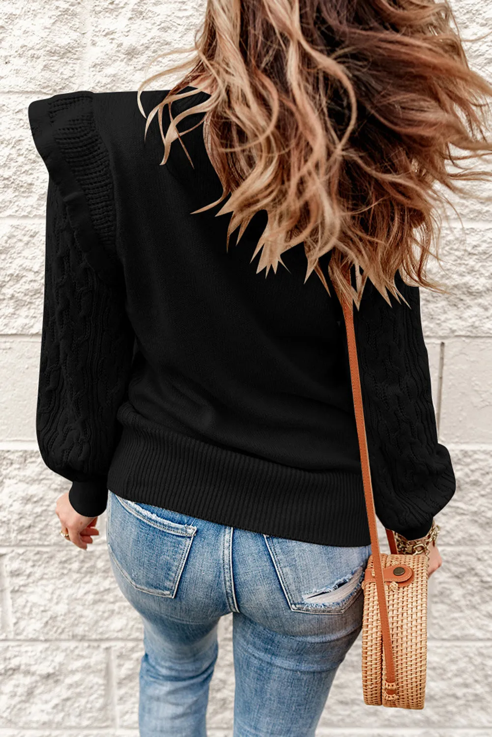 Frilled Shoulder Detail Cable Knit Sweater