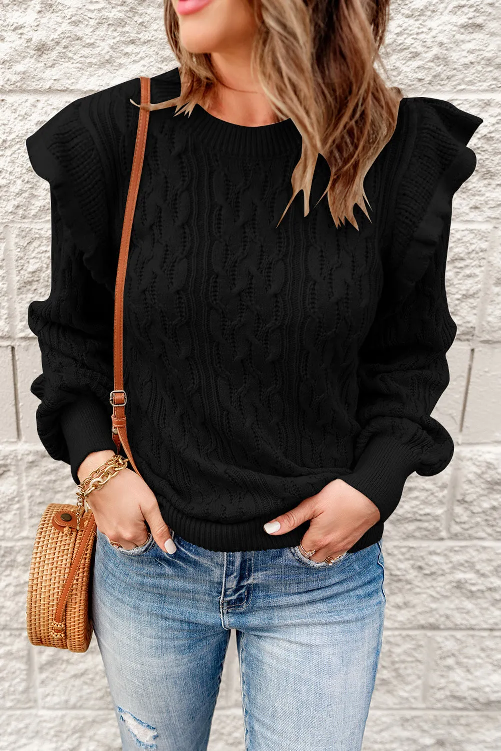 Frilled Shoulder Detail Cable Knit Sweater