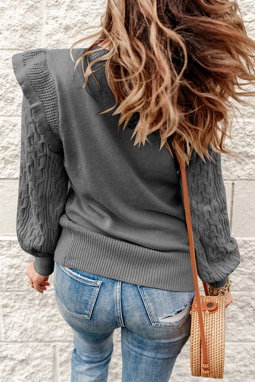 Frilled Shoulder Detail Cable Knit Sweater