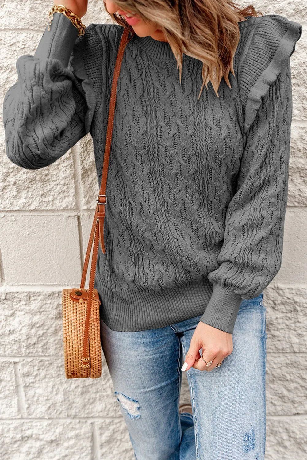 Frilled Shoulder Detail Cable Knit Sweater