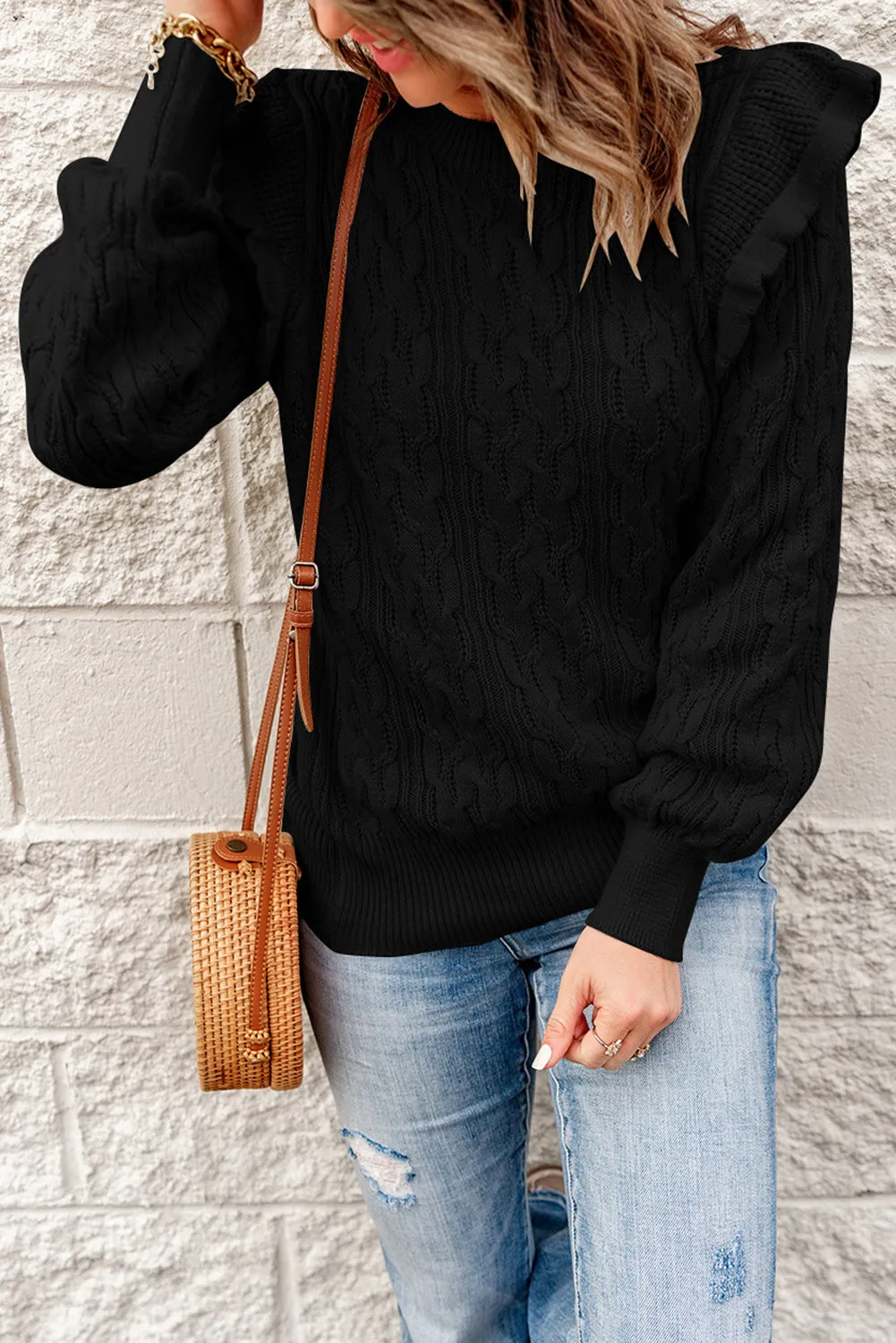 Frilled Shoulder Detail Cable Knit Sweater