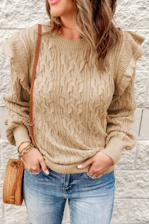Frilled Shoulder Detail Cable Knit Sweater