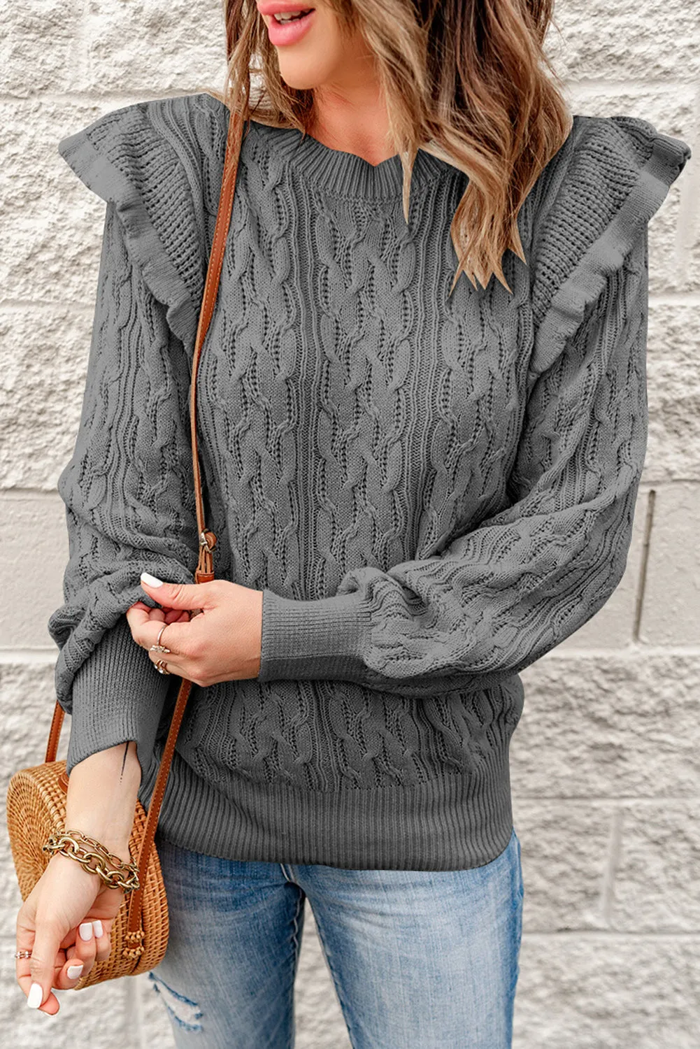 Frilled Shoulder Detail Cable Knit Sweater