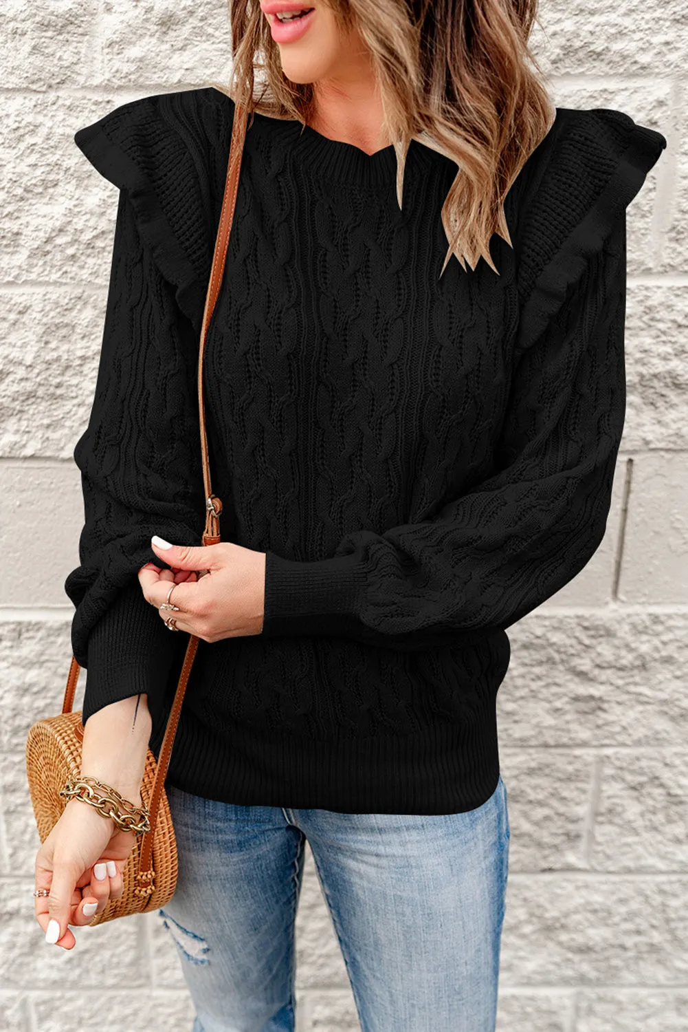 Frilled Shoulder Detail Cable Knit Sweater