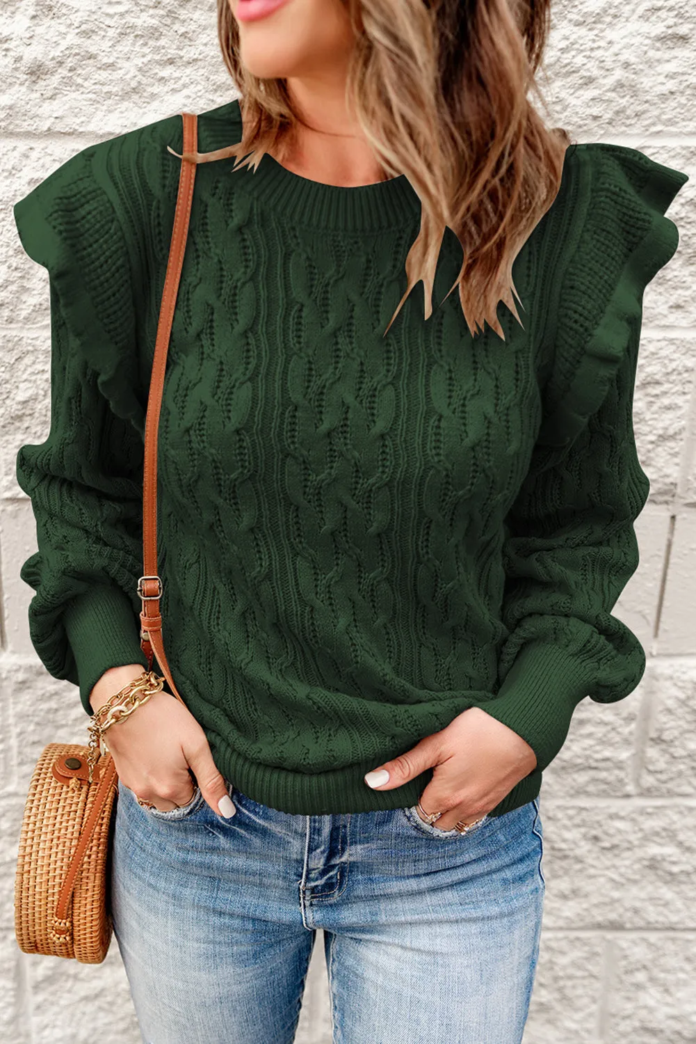 Frilled Shoulder Detail Cable Knit Sweater