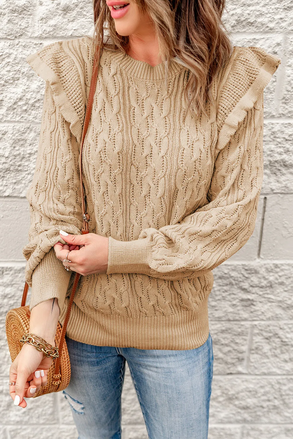 Frilled Shoulder Detail Cable Knit Sweater