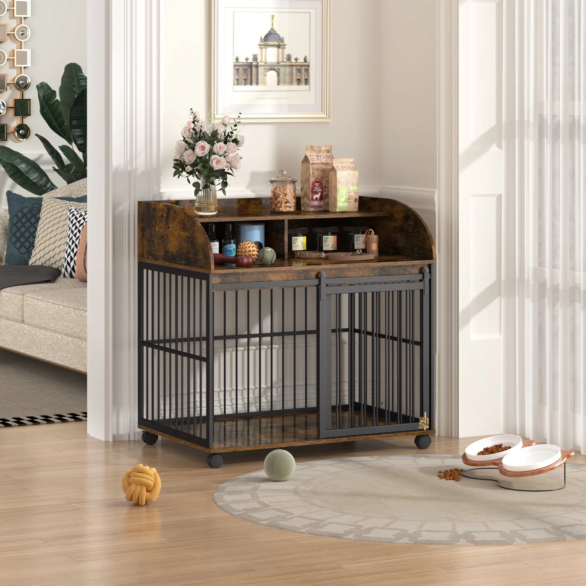Furniture-Style Dog Crate with Sliding Door and Ample Storage 38''