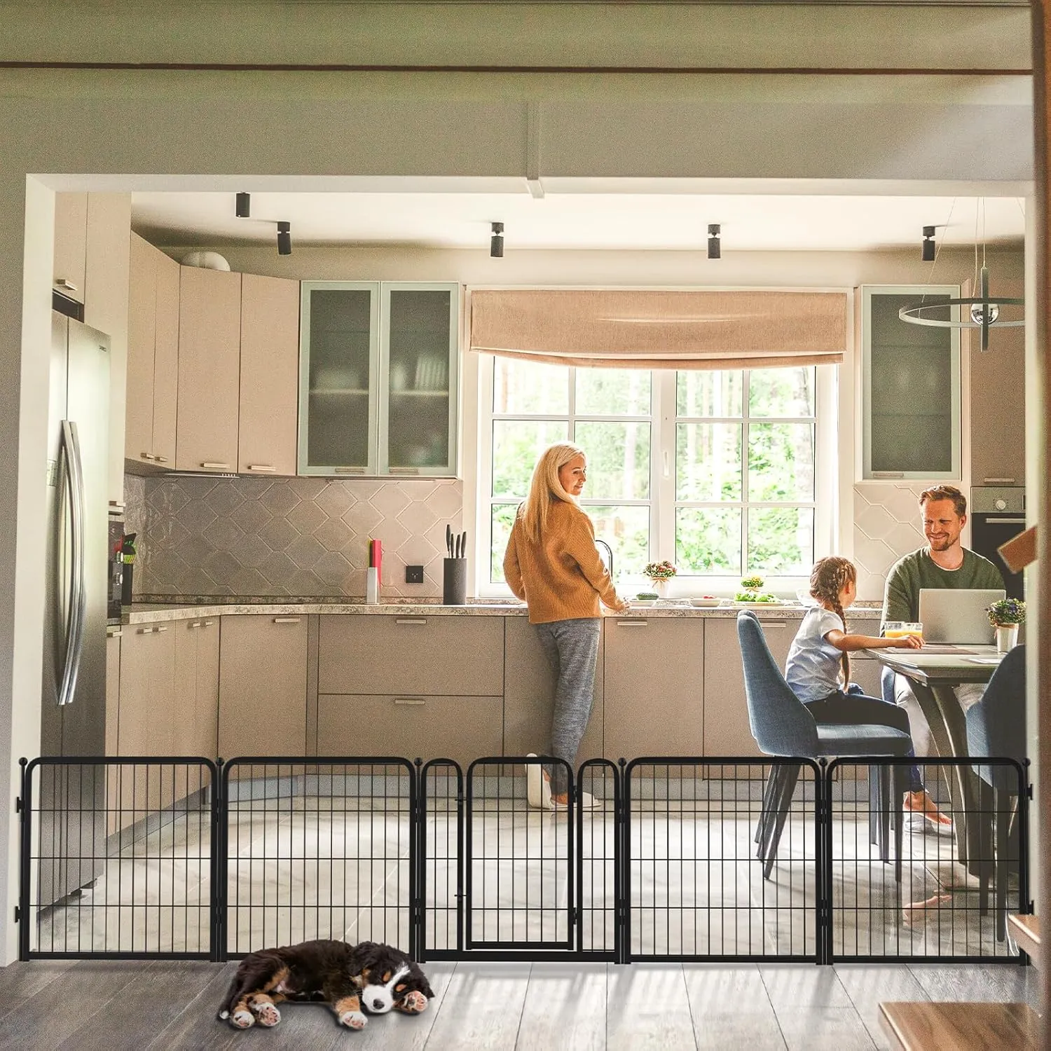 FXW Dog Gate Extra Wide Designed for Indoor Use, Adjustable Width Up to 183-inch Wide (24" H 8 Panels for Puppies and Small Dogs), Black