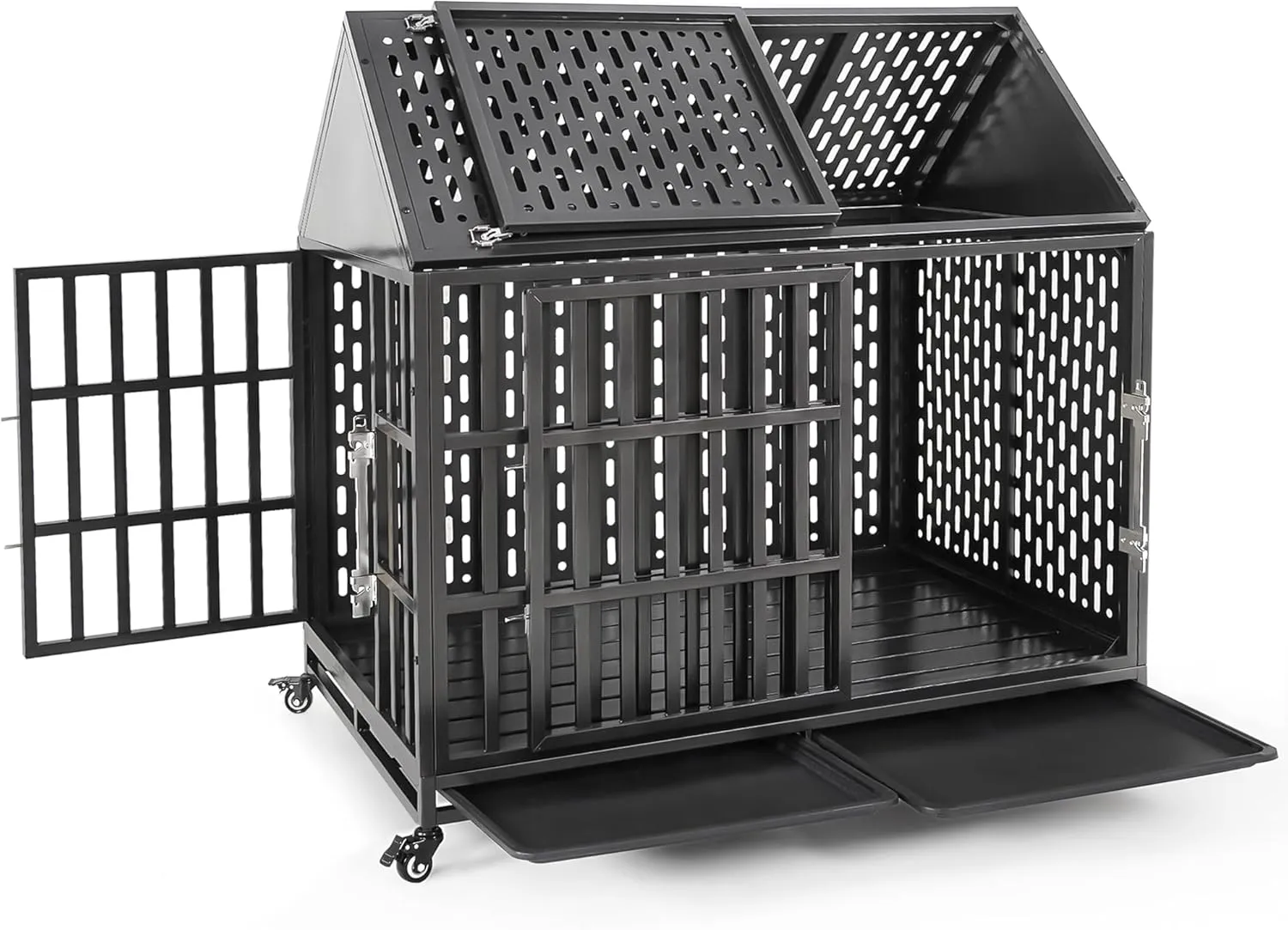 Heavy Duty Dog Crate with Self-Locking Latch for High Anxiety Dogs, 46 Inch Indestructible Large Kennel Indoor, Removable Trays and Lockable Wheels, Chew Proof Cage with Pointed Roof
