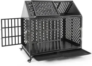 Heavy Duty Dog Crate with Self-Locking Latch for High Anxiety Dogs, 46 Inch Indestructible Large Kennel Indoor, Removable Trays and Lockable Wheels, Chew Proof Cage with Pointed Roof
