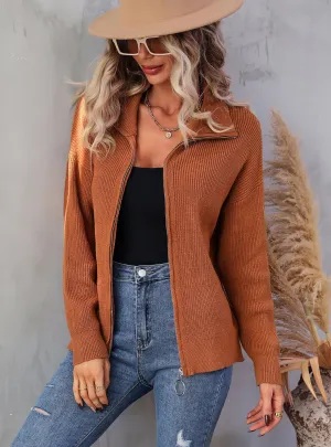 High Neck Solid Color Zipper Sweater Coat