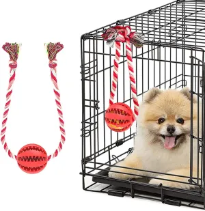 Interactive Crate Training Aids for Puppies - Puzzle Treat Dispenser with Rope Dog Toy Ball - Reduces Stress & Anxiety - Peanut Butter Dog Food Treat Dispenser Toys (Red)