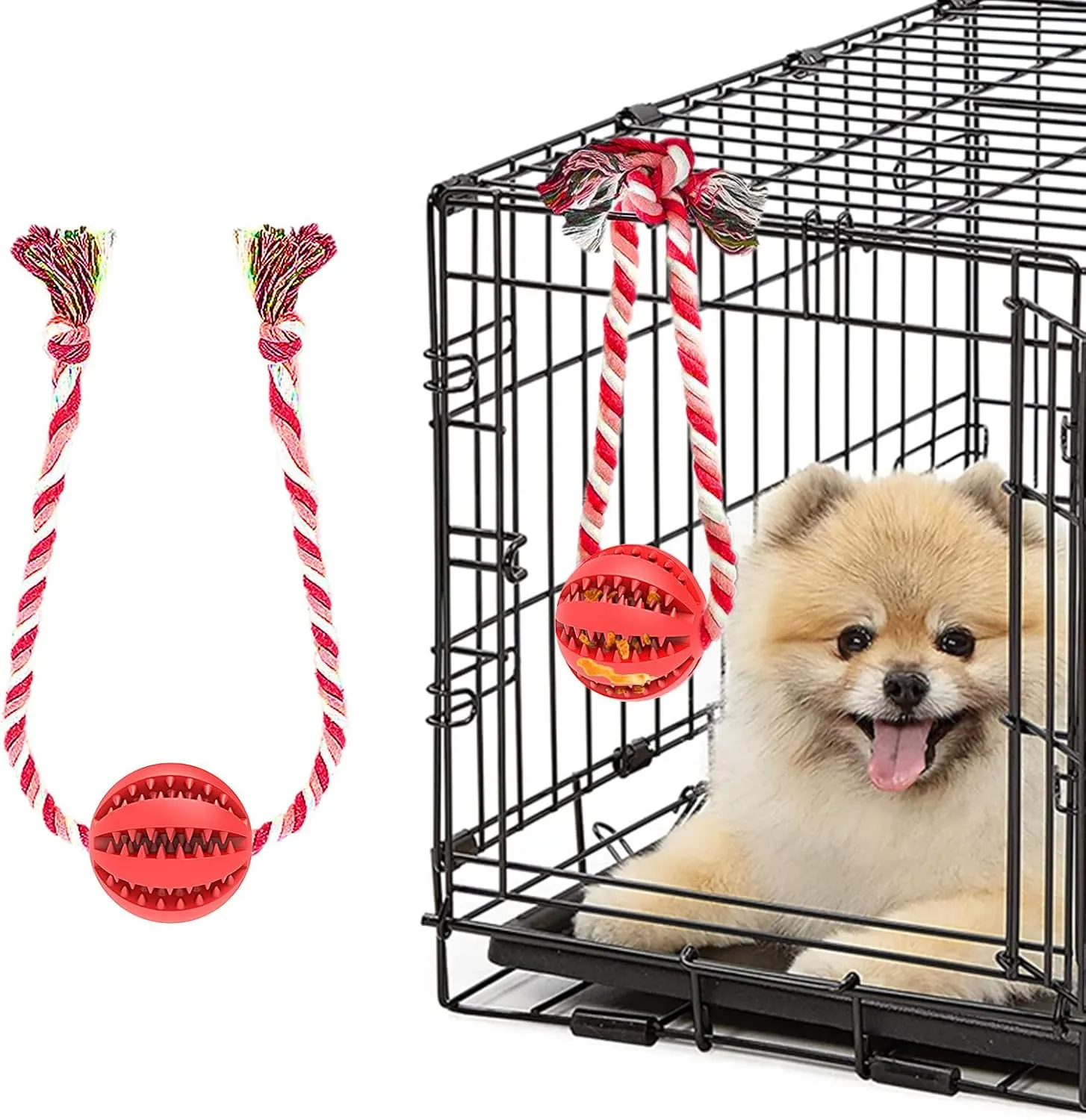 Interactive Crate Training Aids for Puppies - Puzzle Treat Dispenser with Rope Dog Toy Ball - Reduces Stress & Anxiety - Peanut Butter Dog Food Treat Dispenser Toys (Red)