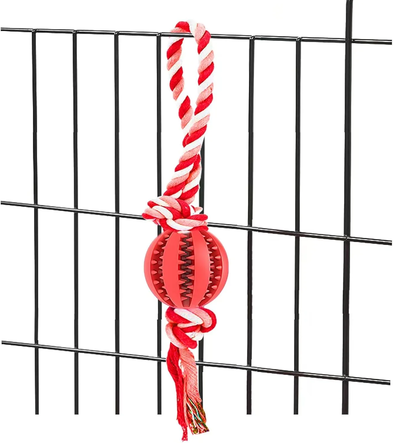 Interactive Crate Training Aids for Puppies - Puzzle Treat Dispenser with Rope Dog Toy Ball - Reduces Stress & Anxiety - Peanut Butter Dog Food Treat Dispenser Toys (Red)