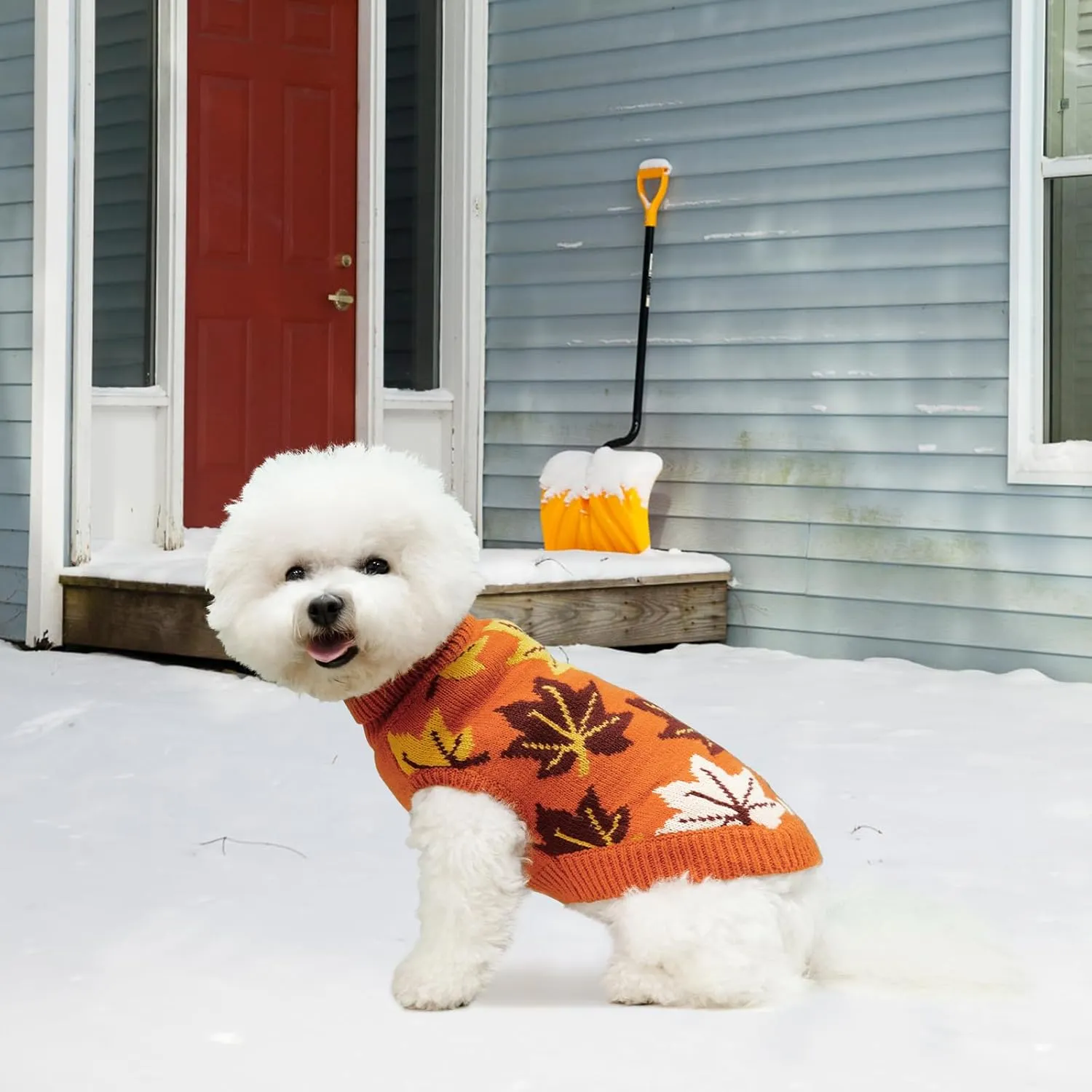 KOOLTAIL Medium Dog Sweater, Cold Weather Dog Knitted Sweater Turtleneck Pullover, Fall Dog Sweater with Autumn Maple Leaf Pattern, Dog Winter Clothes for Small Medium Large Dogs Cat Boy Girl, Orange