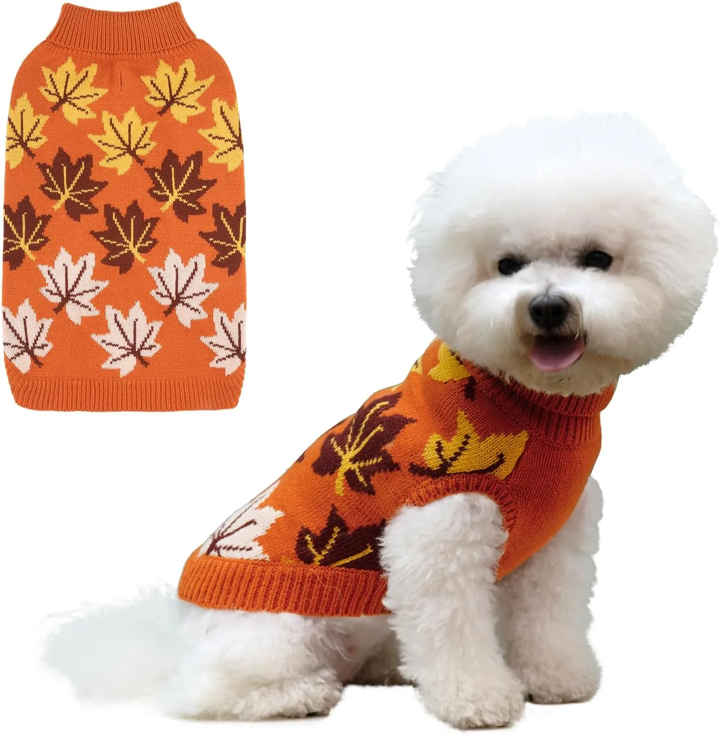 KOOLTAIL Medium Dog Sweater, Cold Weather Dog Knitted Sweater Turtleneck Pullover, Fall Dog Sweater with Autumn Maple Leaf Pattern, Dog Winter Clothes for Small Medium Large Dogs Cat Boy Girl, Orange