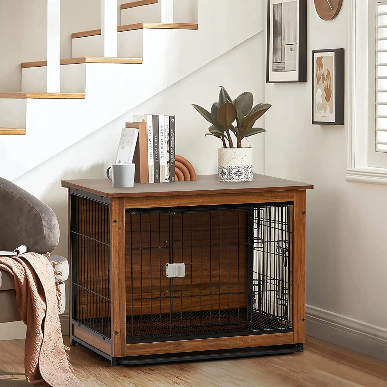 Large Dog Crate Furniture, Wooden Dog Crate Furniture with Door, Indoor Pet Crate Dog Kennel with Removable Tray Heavy Duty Dog Crate for Large Medium Dog 78 X 56 X 65 cm