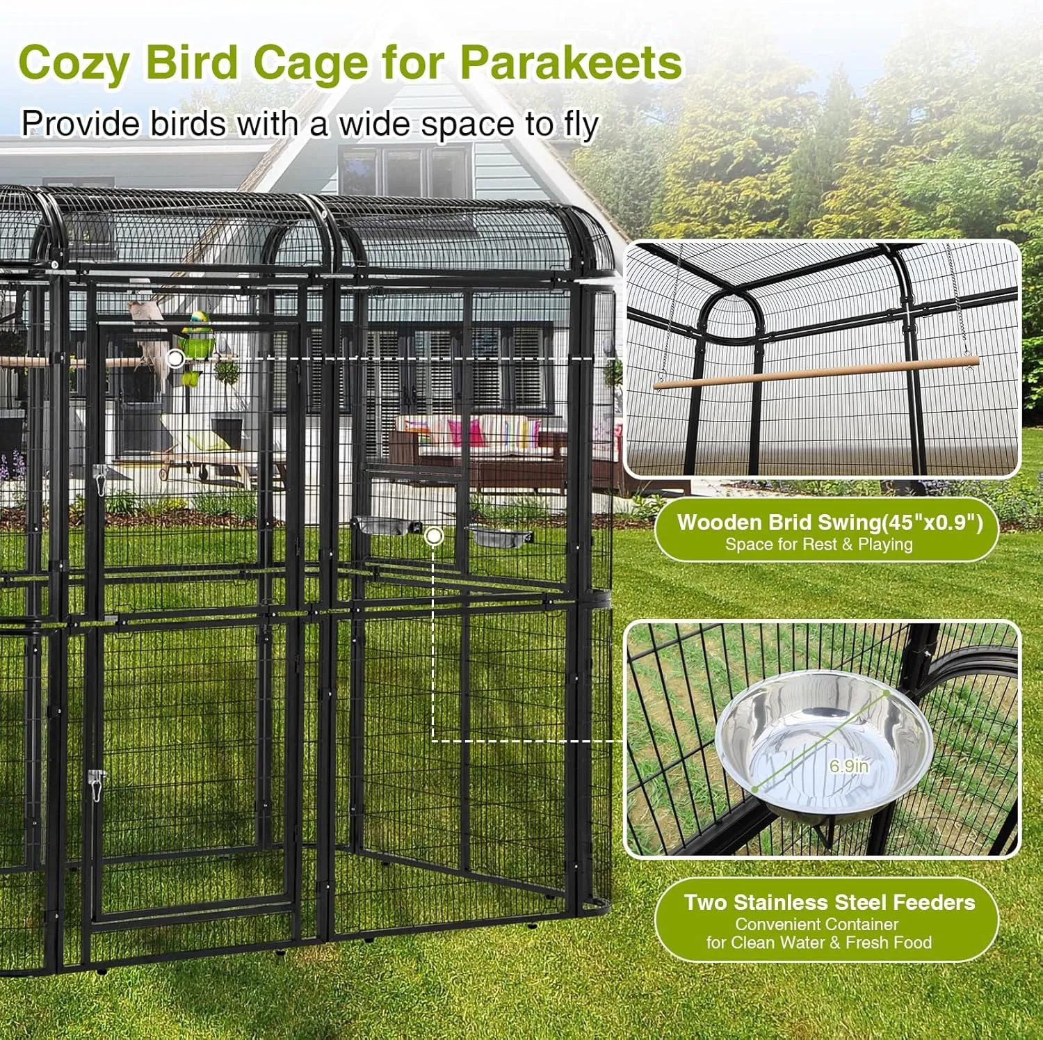 Large Walk-in Cage 87-inch Heavy Duty Bird Cage Outdoor Aviary Parrot Cage Wide Flight Metal Birdcage with Stand for Macaw Budgie Conure Lovebird Parakeet Cockatiel, 7.22x5.25x6.8ft, Black