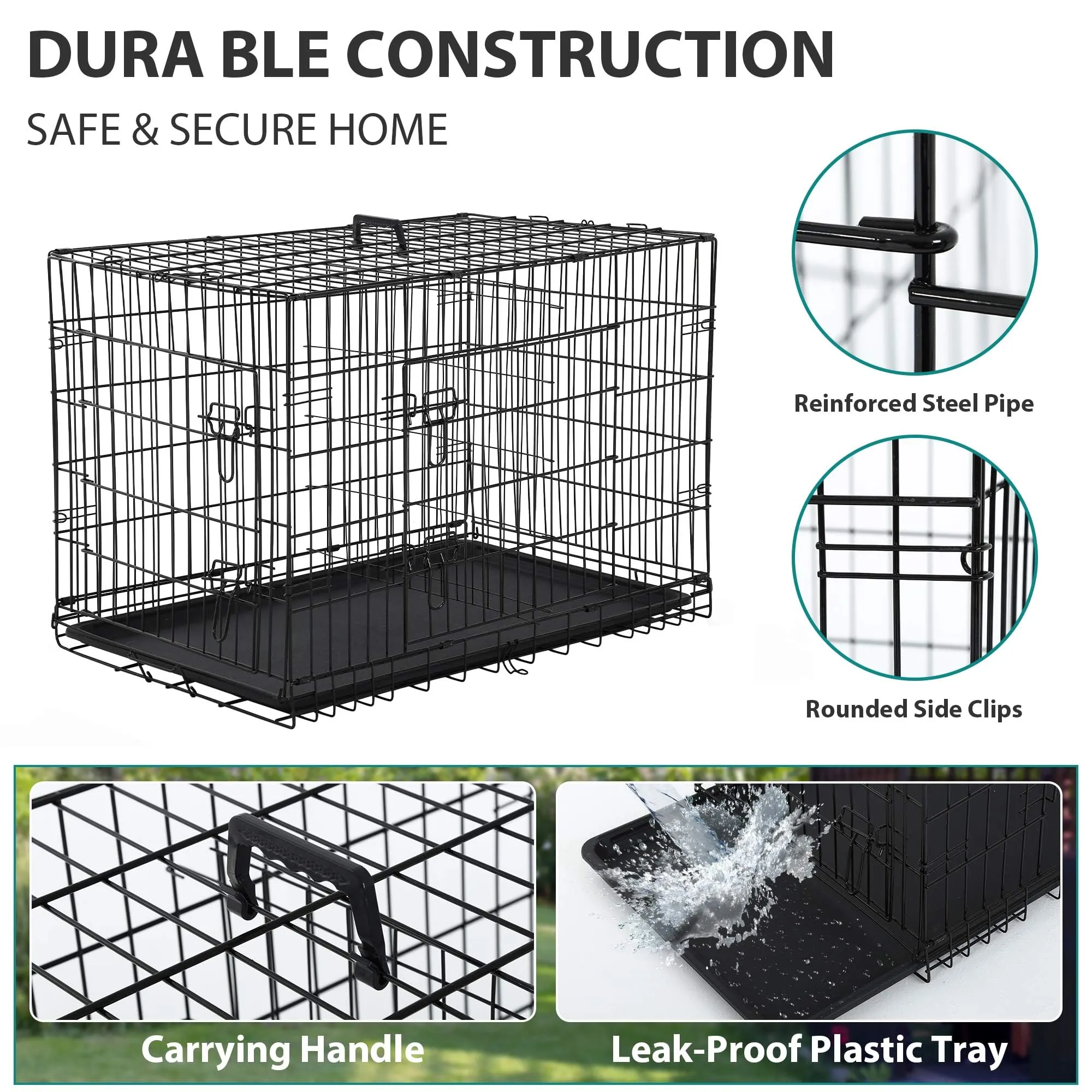 Mclovin's Pet Double Door Folding Metal Dog Crate - Black - 48" Inches