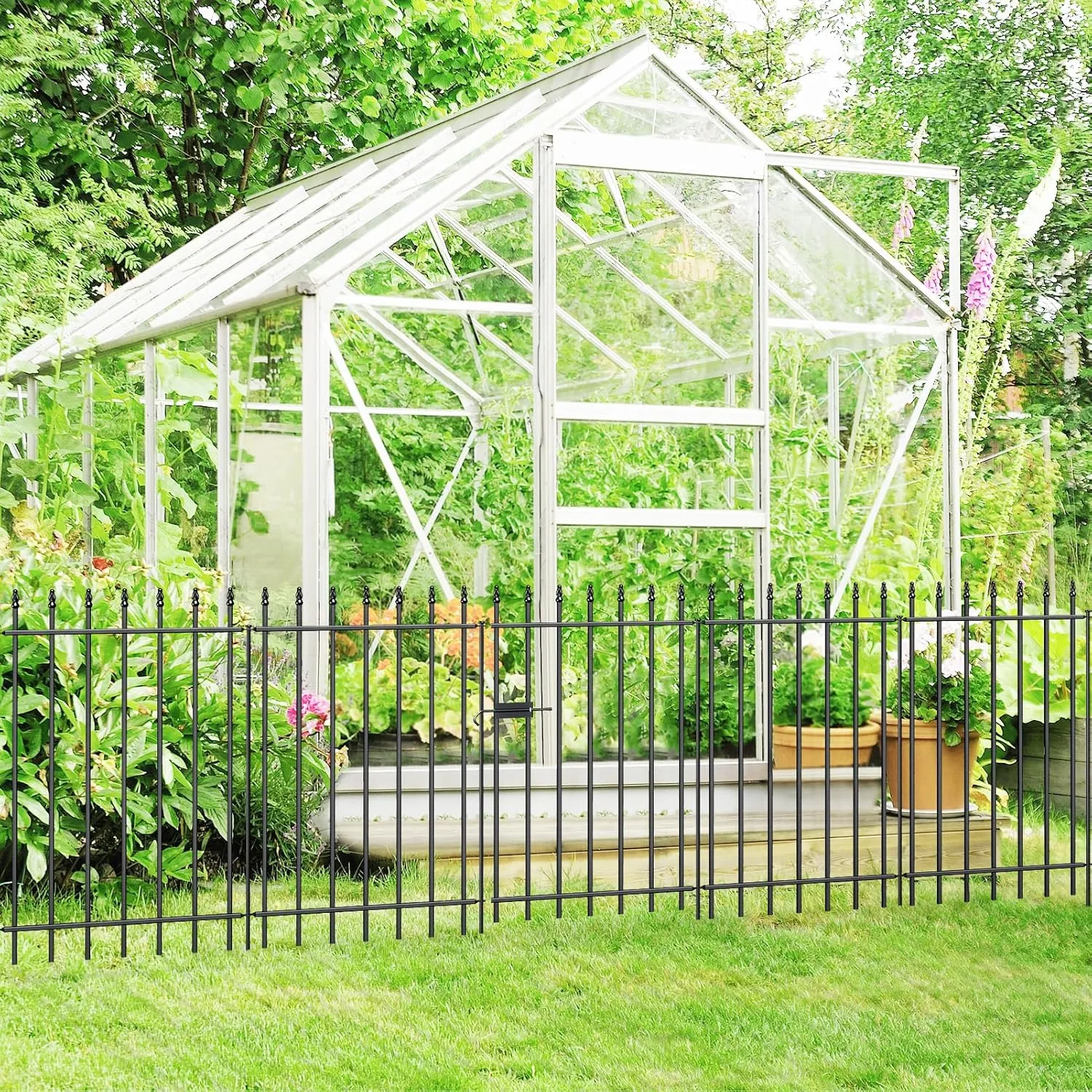 Metal Garden Fence with Gate 36 in H x 10 ft L, 1 Gate   4 Panels Border Fence Panels Animal Barrier for Dogs, No Dig Garden Fencing for Yard Patio Flower Bed Lawn Outdoor, Black