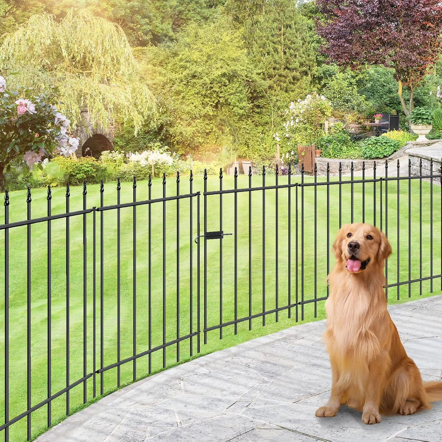Metal Garden Fence with Gate 36 in H x 10 ft L, 1 Gate   4 Panels Border Fence Panels Animal Barrier for Dogs, No Dig Garden Fencing for Yard Patio Flower Bed Lawn Outdoor, Black