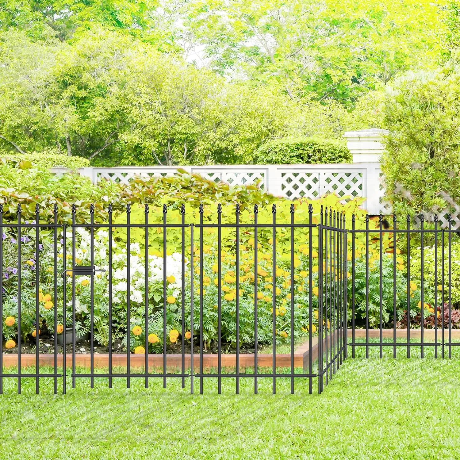 Metal Garden Fence with Gate 36 in H x 10 ft L, 1 Gate   4 Panels Border Fence Panels Animal Barrier for Dogs, No Dig Garden Fencing for Yard Patio Flower Bed Lawn Outdoor, Black