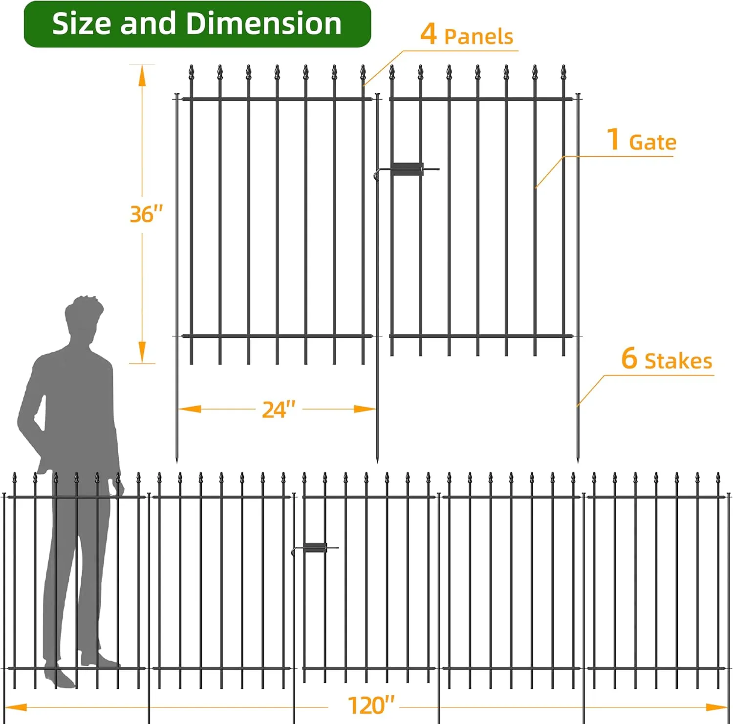 Metal Garden Fence with Gate 36 in H x 10 ft L, 1 Gate   4 Panels Border Fence Panels Animal Barrier for Dogs, No Dig Garden Fencing for Yard Patio Flower Bed Lawn Outdoor, Black