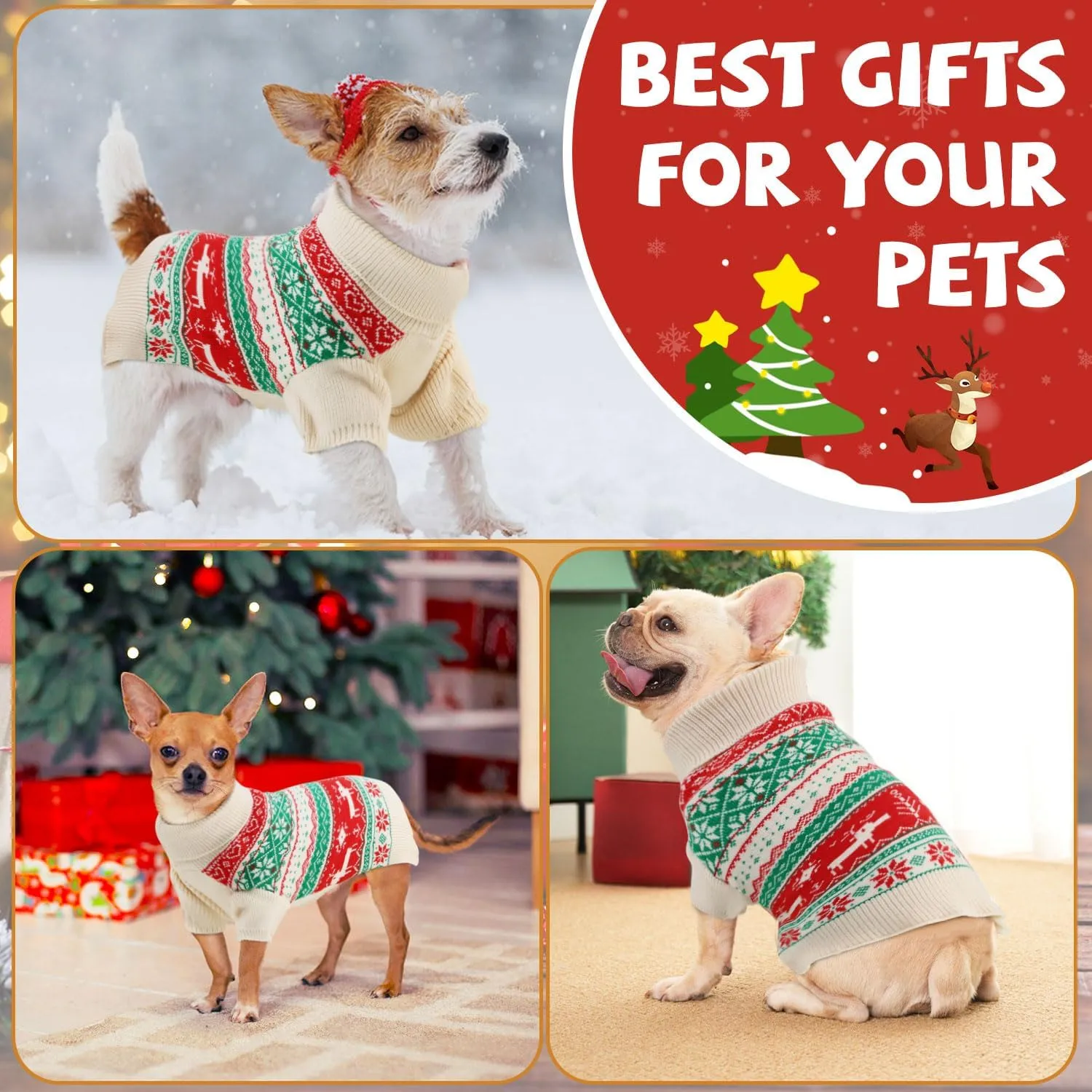 OTOB Cat Ugly Christmas Sweater with Leash Hole, Holiday Warm Turtleneck Puppy Sweaters, Soft Cozy Cat Sweaters for Cats Only, Fall Winter Pet Knitwear, Cute Kitten Sweater Clothes Girls Boys, XS