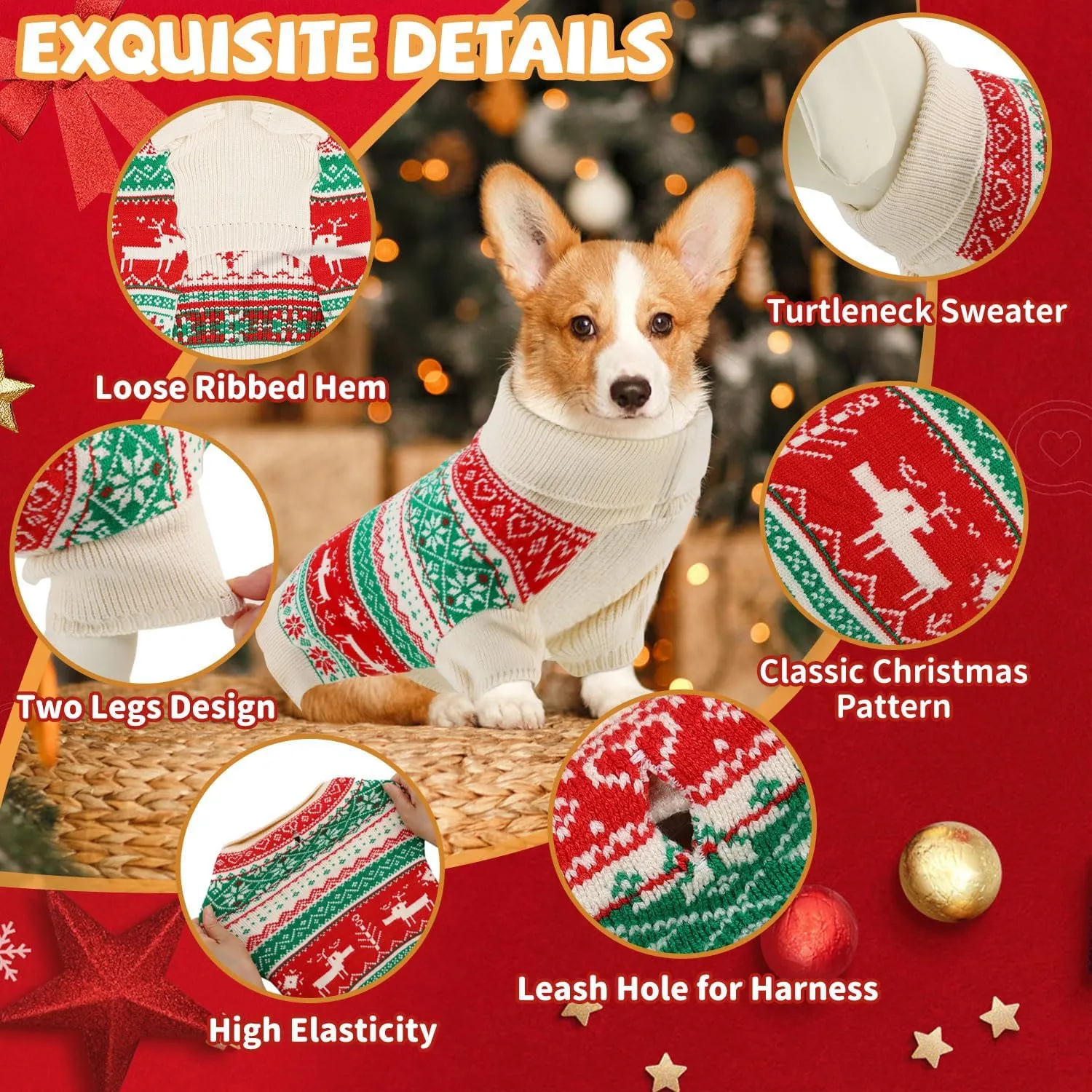 OTOB Cat Ugly Christmas Sweater with Leash Hole, Holiday Warm Turtleneck Puppy Sweaters, Soft Cozy Cat Sweaters for Cats Only, Fall Winter Pet Knitwear, Cute Kitten Sweater Clothes Girls Boys, XS