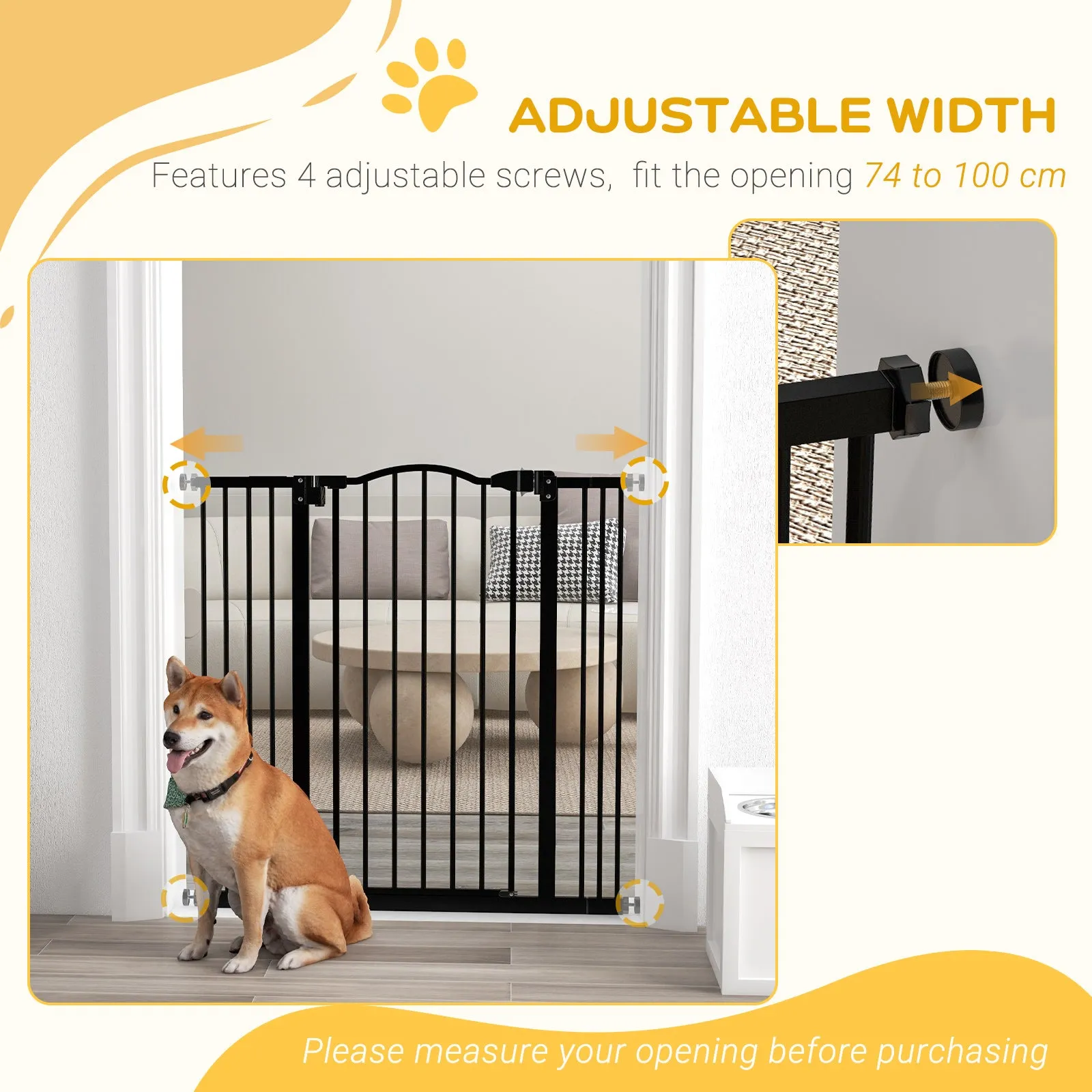 PawHut 74-100cm Adjustable Metal Pet Gate Safety Barrier w/Auto-Close Door Black