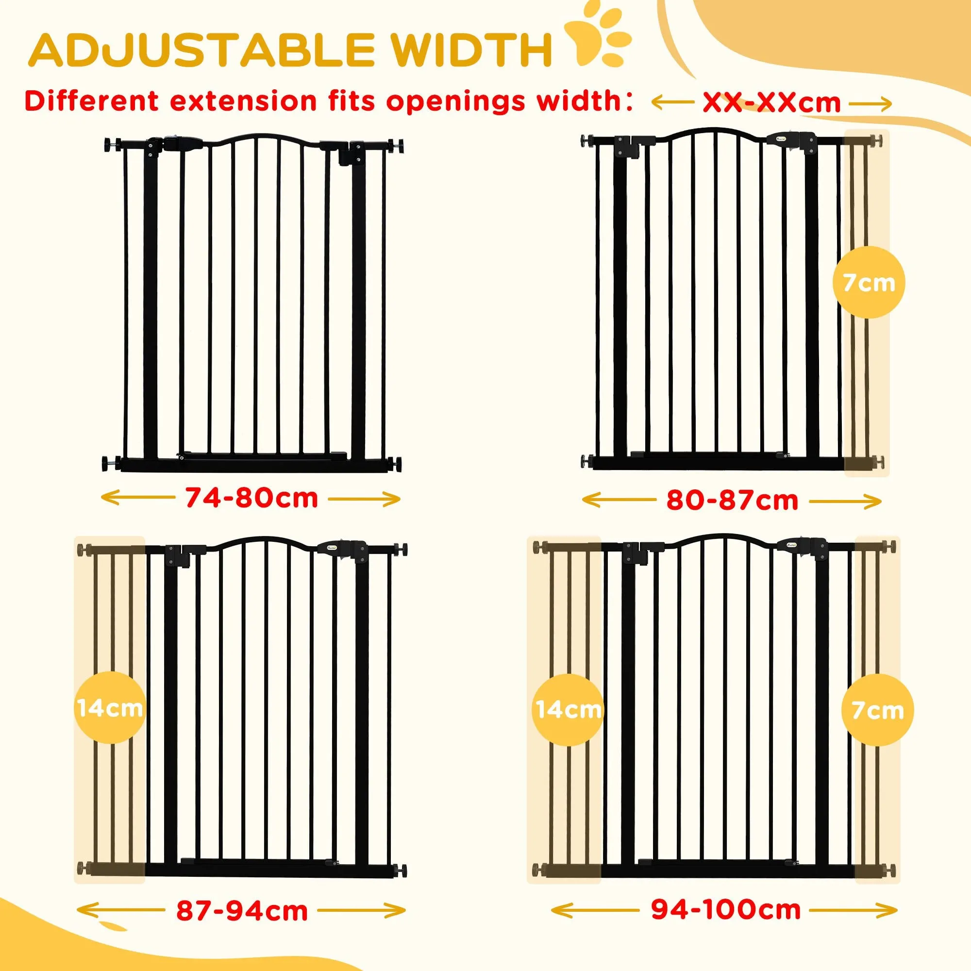 PawHut 74-100cm Adjustable Metal Pet Gate Safety Barrier w/Auto-Close Door Black