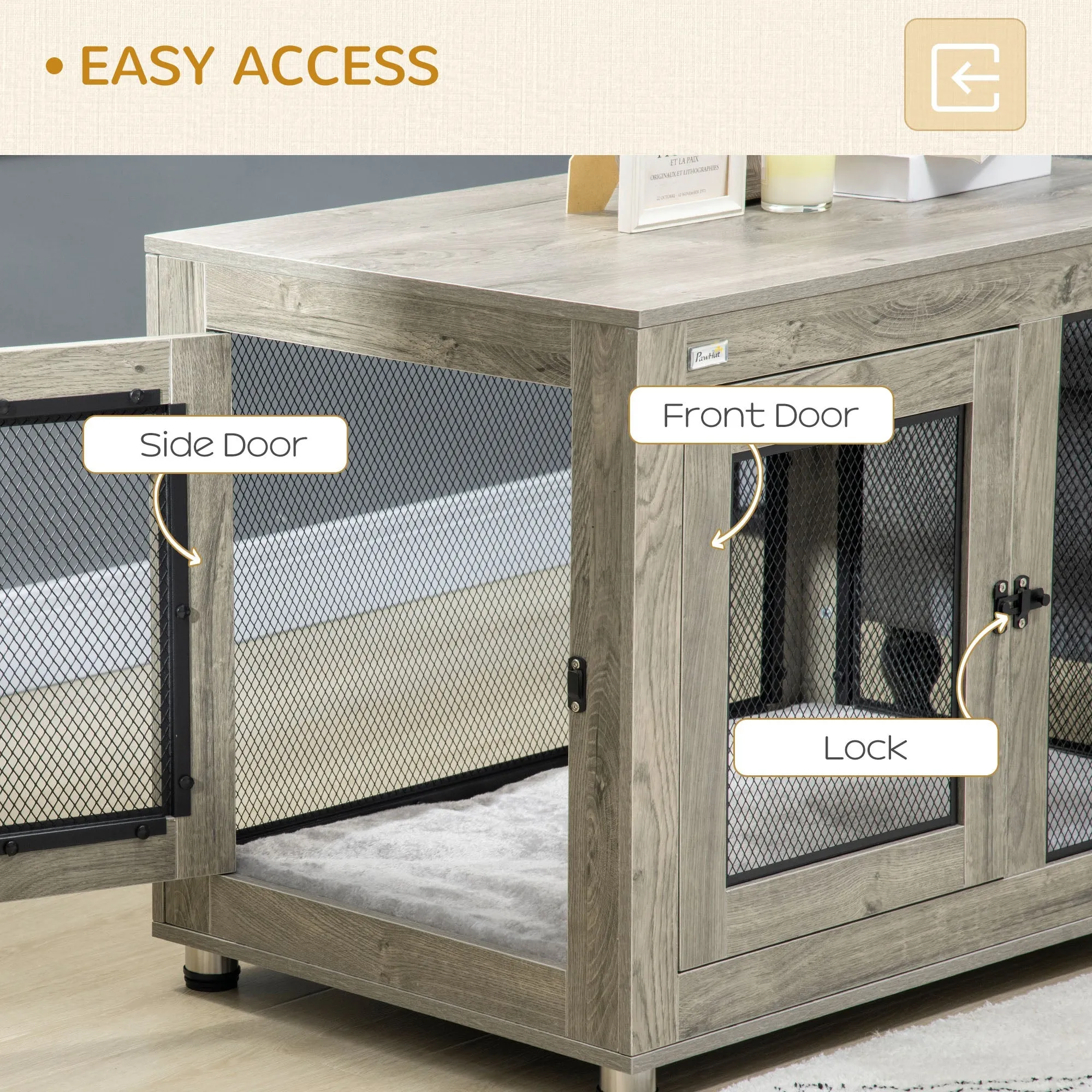 Pawhut Two-In-One Dog Cage & Side Table With Two Doors Cushion For Large Dogs
