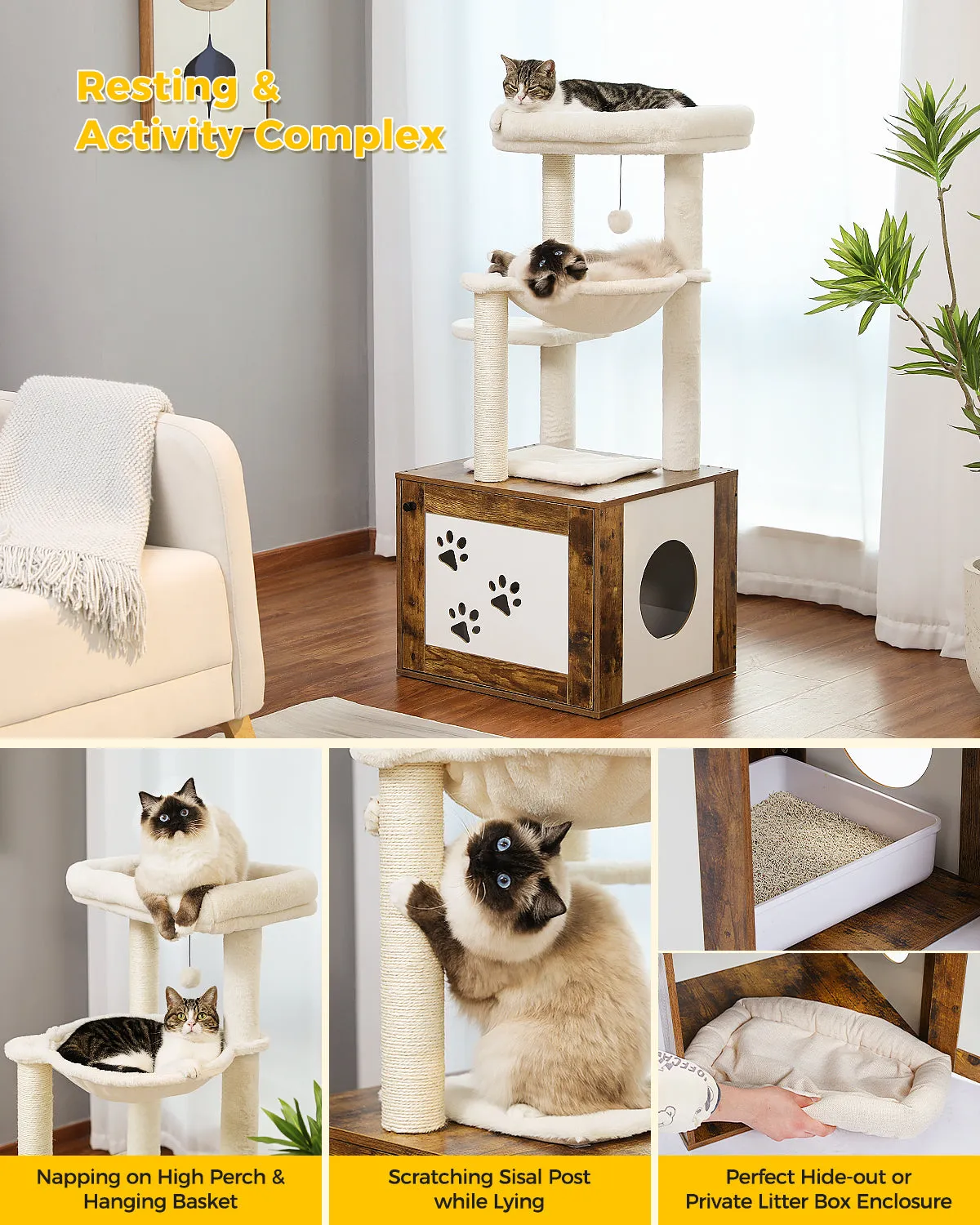 PAWZ Road Luxury Wooden Multifunctional Cat Tree With Enclosure For Standard Litter Box——Brown