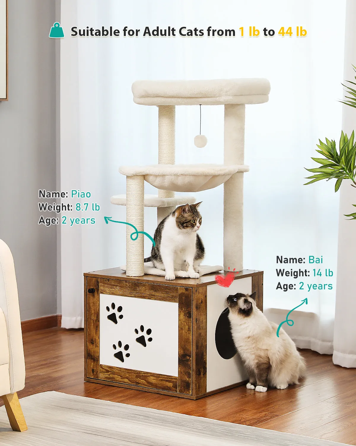 PAWZ Road Luxury Wooden Multifunctional Cat Tree With Enclosure For Standard Litter Box——Brown