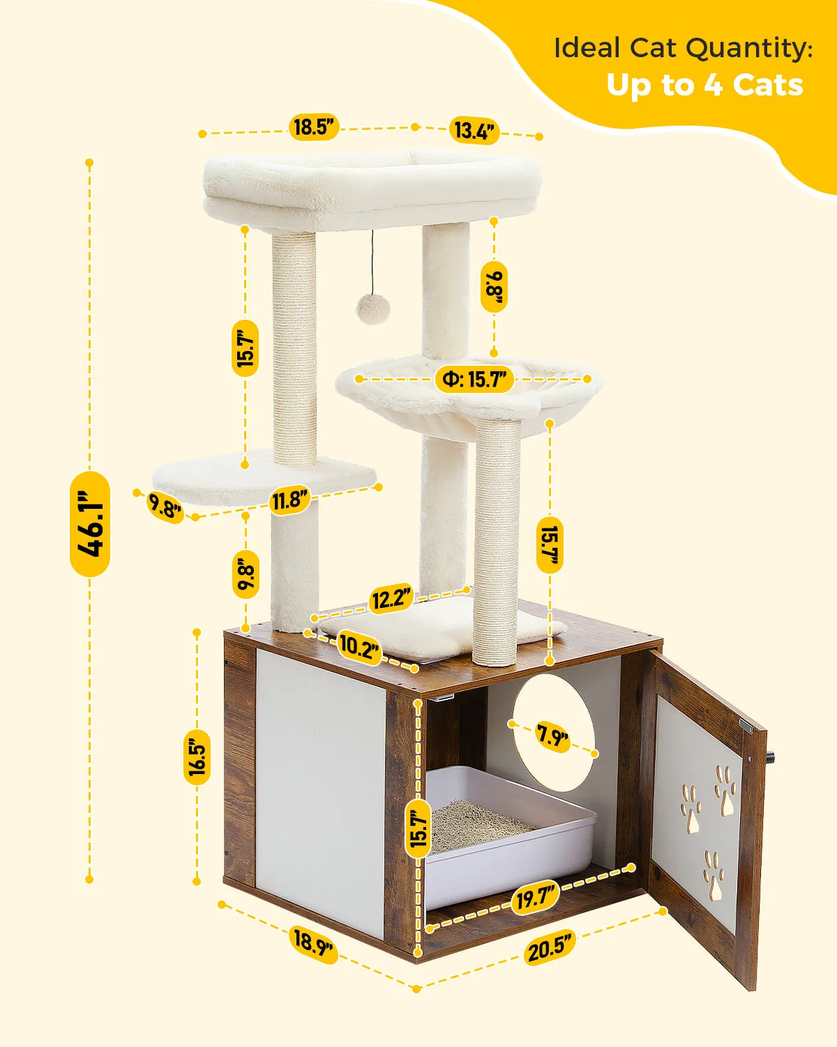 PAWZ Road Luxury Wooden Multifunctional Cat Tree With Enclosure For Standard Litter Box——Brown