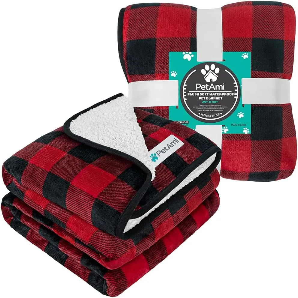 PetAmi Waterproof Dog Blanket for Small Medium Dogs, Pee Proof Pet Blanket for Couch Bed, Reversible Water Proof Blanket for Puppy Indoor Cat, Soft Dog Fleece Blankets Washable, 29x40 Checkered Red