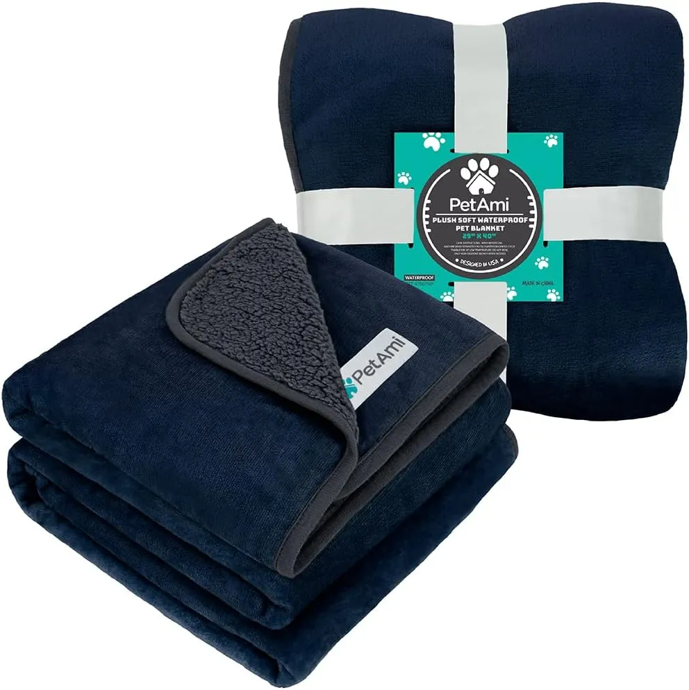 PetAmi Waterproof Dog Blanket Sherpa Fleece, Pet Small Medium Dogs, Reversible Large Cat Throw Bed Couch Sofa Furniture Protector, Soft Plush Microfiber (Medium 29x40, Blue/Gray), Navy/Gray