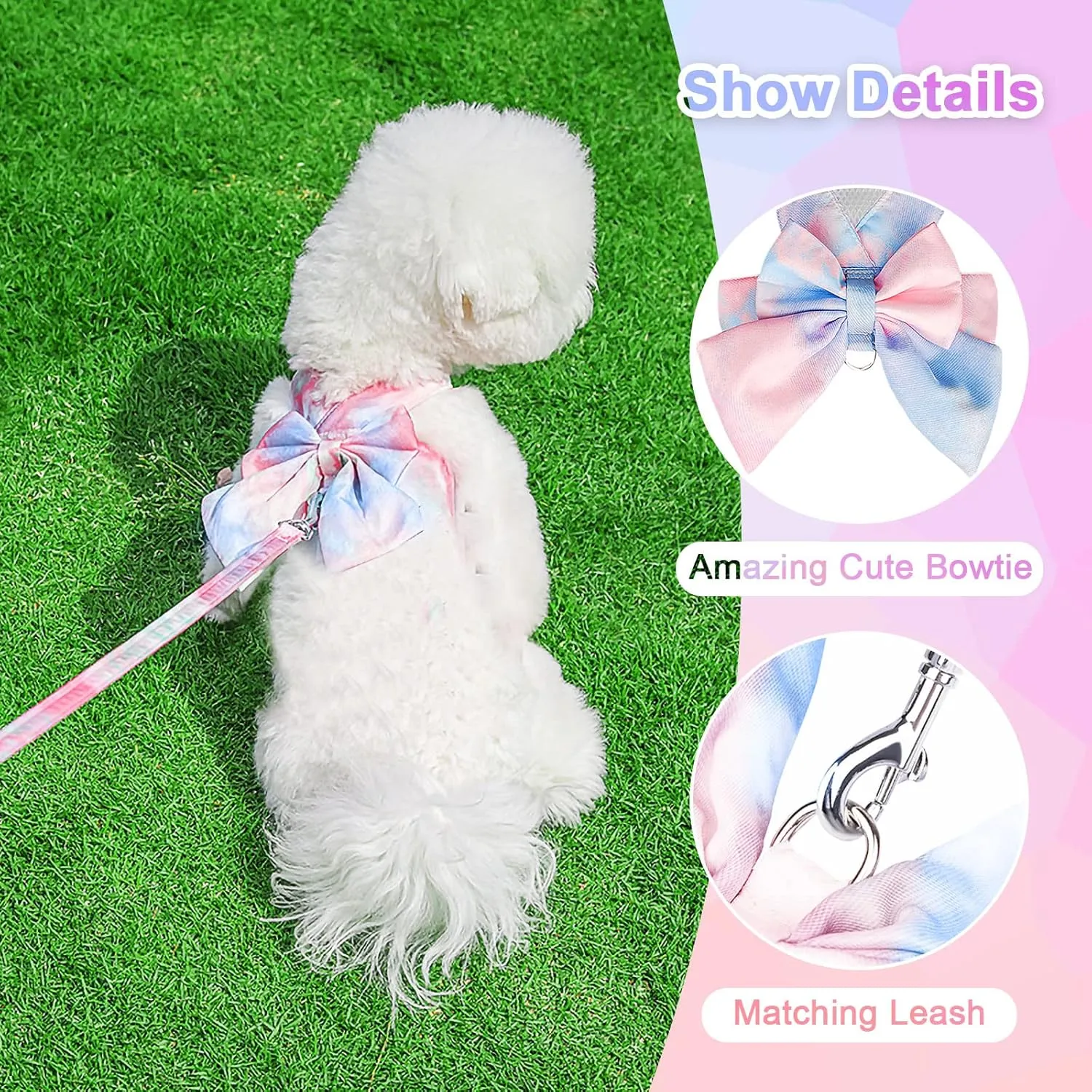 PETCARE Cute Bow Tie Dog Harness and Leash Set Elegant Rainbow Gradient Puppy Harness No Pull Soft Mesh Pet Cat Dog Vest Harnesses for Small Dogs Cats, Blue