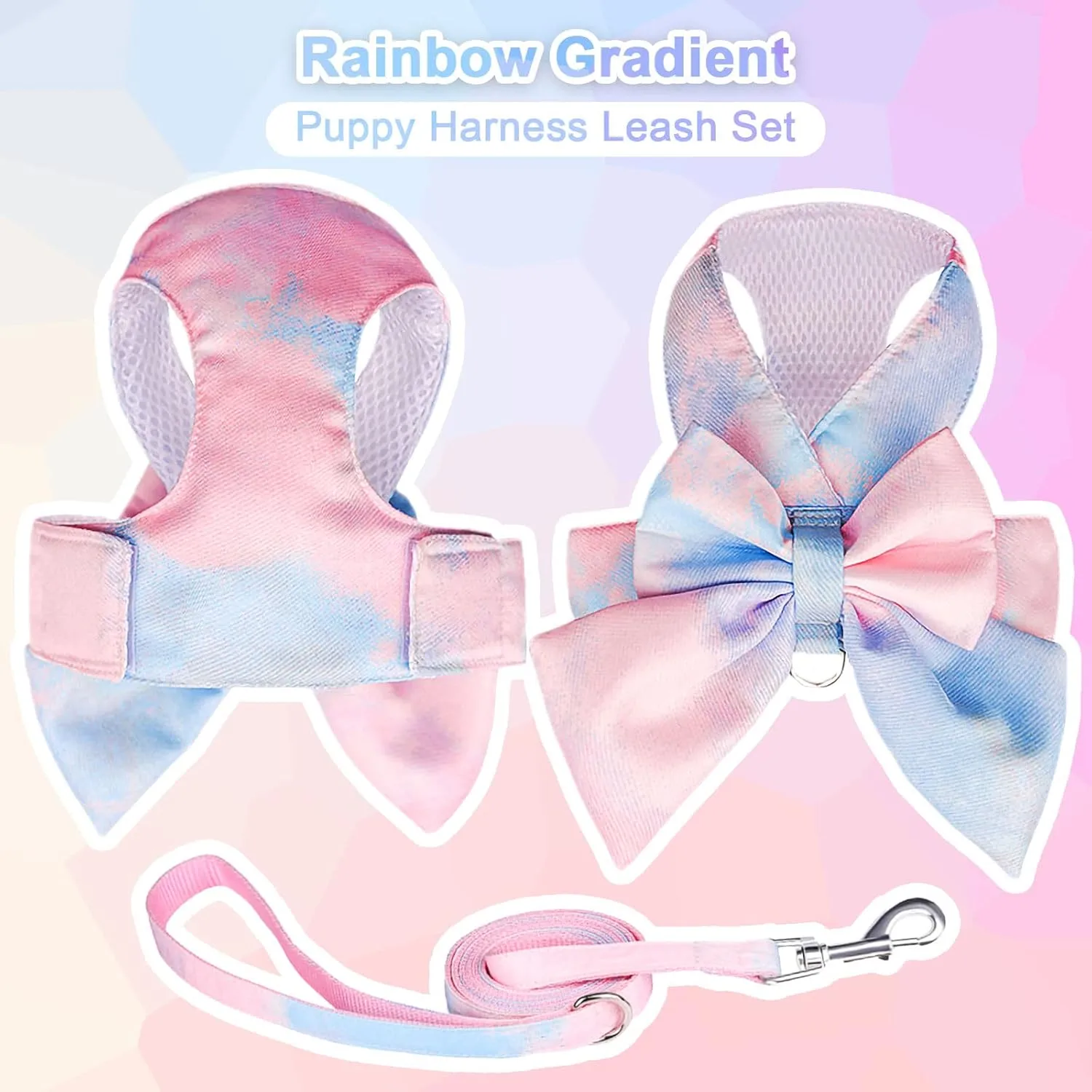 PETCARE Cute Bow Tie Dog Harness and Leash Set Elegant Rainbow Gradient Puppy Harness No Pull Soft Mesh Pet Cat Dog Vest Harnesses for Small Dogs Cats, Blue