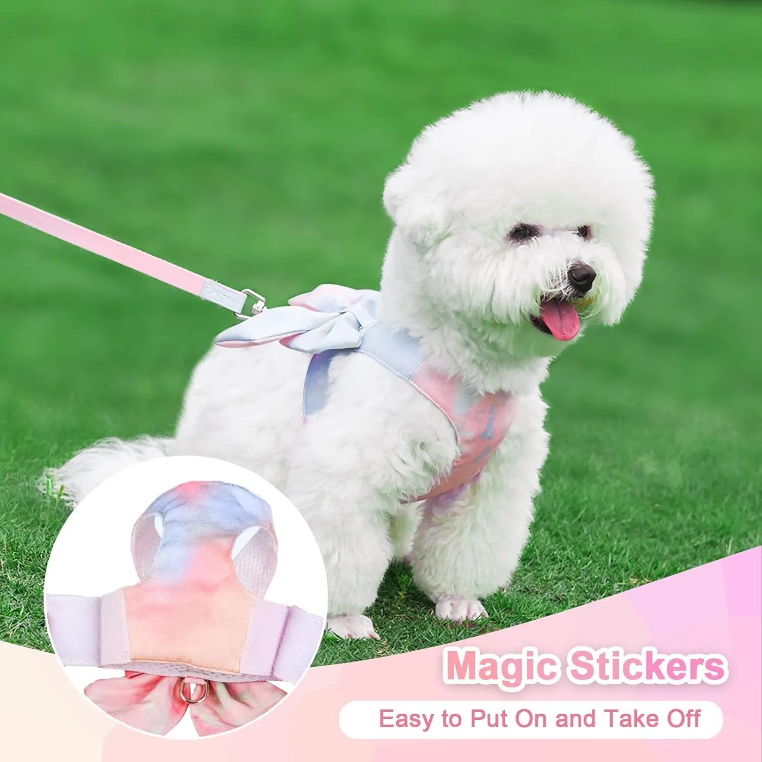 PETCARE Cute Bow Tie Dog Harness and Leash Set Elegant Rainbow Gradient Puppy Harness No Pull Soft Mesh Pet Cat Dog Vest Harnesses for Small Dogs Cats, Blue