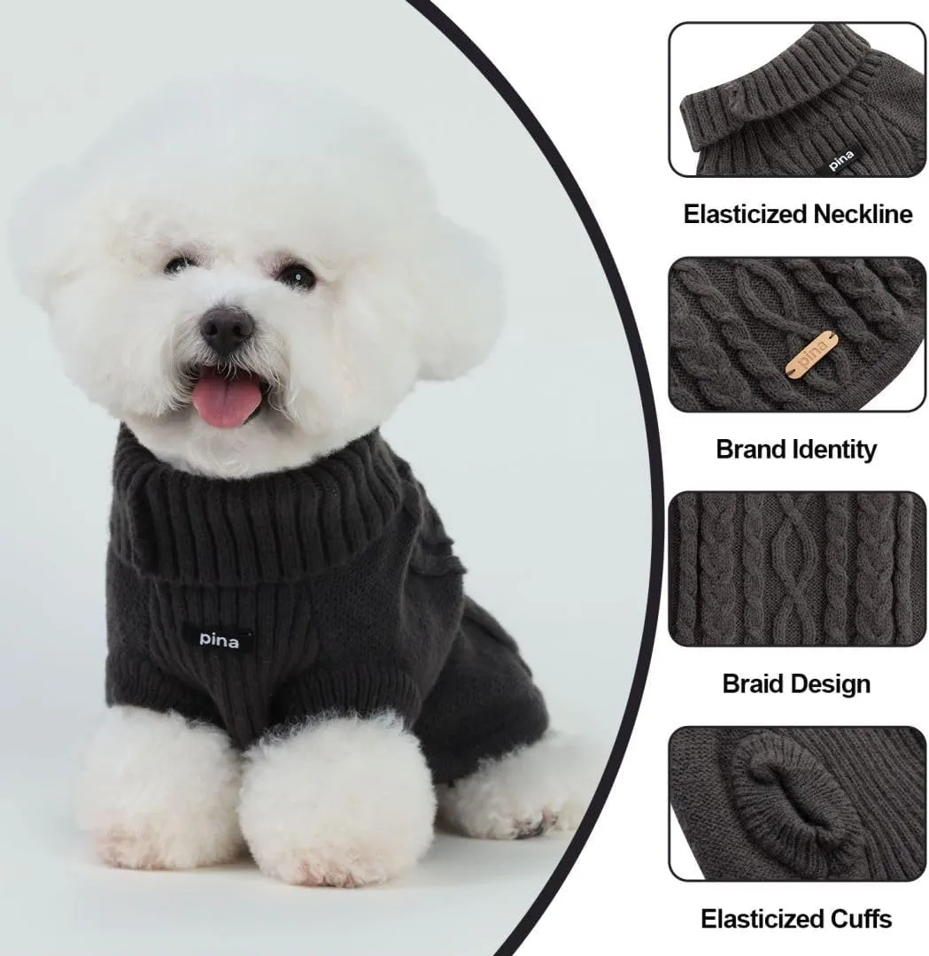 PINA Dog Sweater, Turtleneck Dog Sweater Classic Cable Knit, Dog Pullover Sweater Classic Warm Windproof, Puppy Sweater Winter Clothes for Small Medium Large Dogs