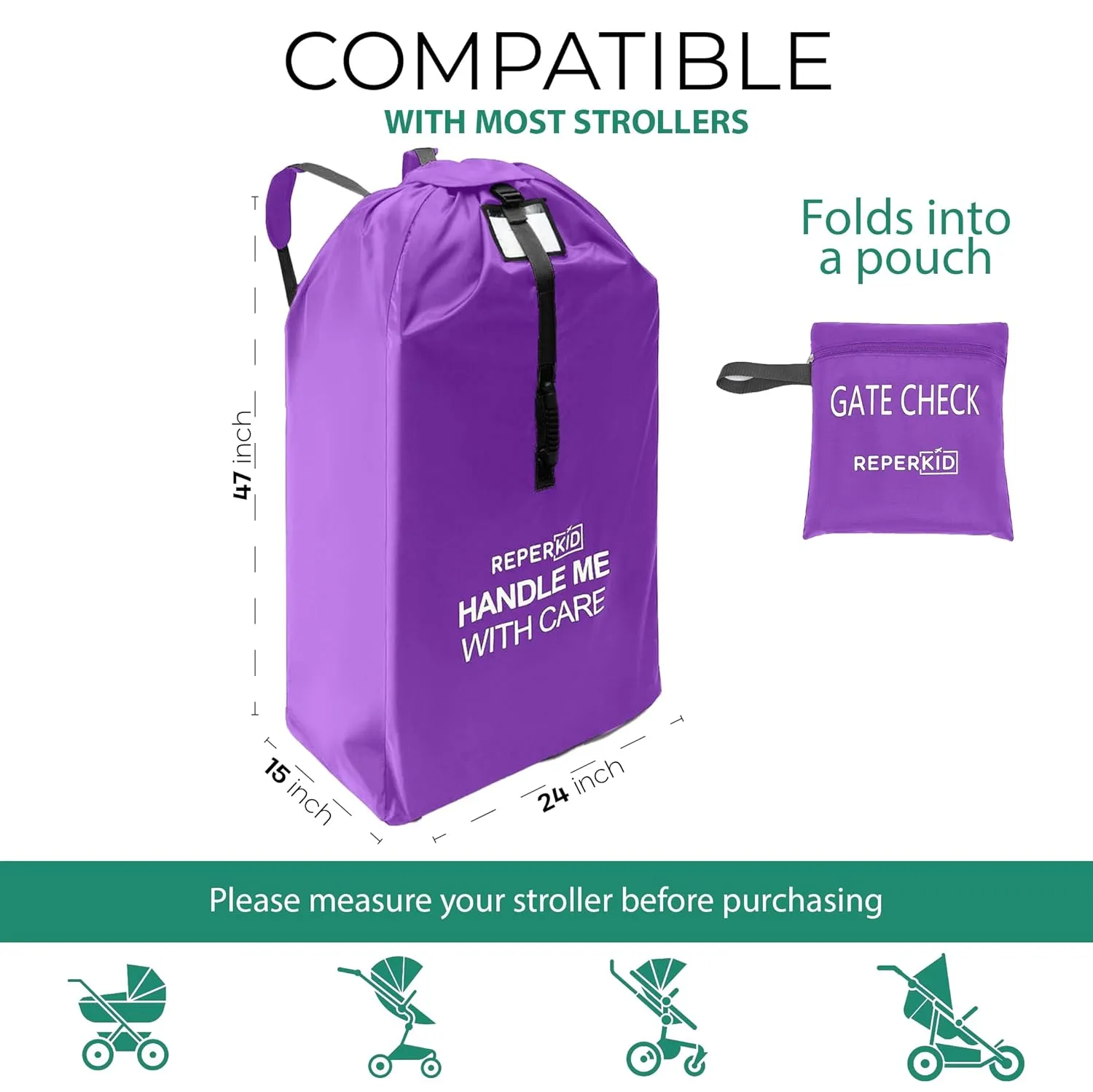 reperkid Large Stroller Bag for Airplane Travel, Purple, 47" H x 24" W x 15" D, Fits Most Large, Single, Double, Jogging Strollers  Premium Waterproof Cover, Adjustable Shoulder Straps